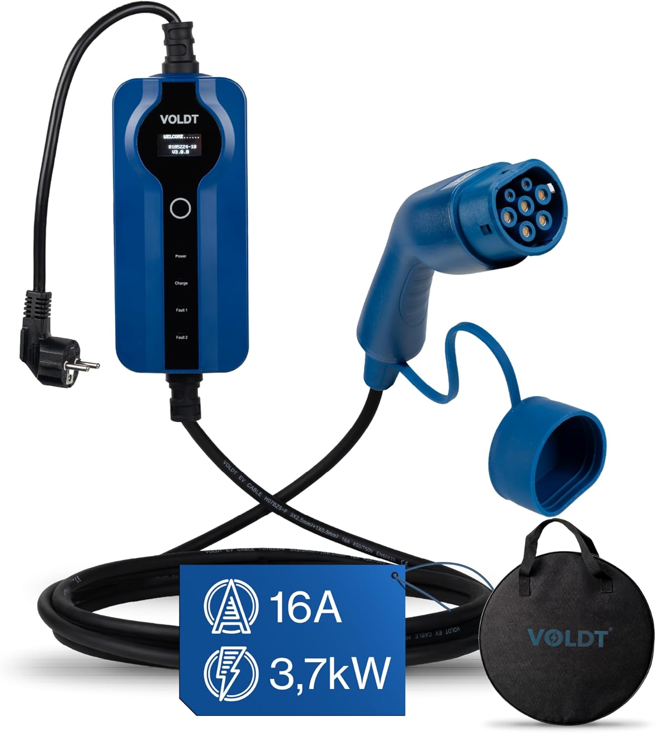 VOLDT Type 2 Charging Cable Schuko 3.7 kW, 1-Phase, 8A - 16A, Adjustable EV Charger with Controllable Digital Display for Electric Car, Charging Cable for Electric Vehicles, IP67 Waterproof (Length 5)