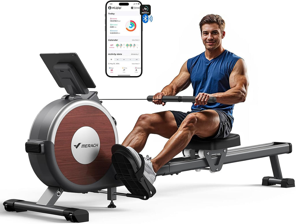MERACH Home Rowing Machine, 16 Resistance Levels, Quiet Magnetic Rowing Machine, Connected via App, Improved Double Rails for More Stability, Easy Assembly (Grey)