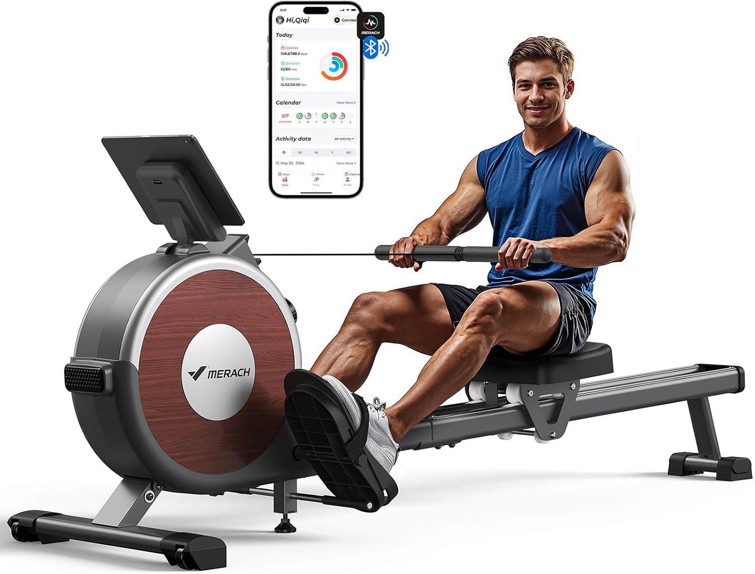 MERACH Home Rowing Machine, 16 Resistance Levels, Quiet Magnetic Rowing Machine, Connected via App, Improved Double Rails for More Stability, Easy Assembly (Grey)