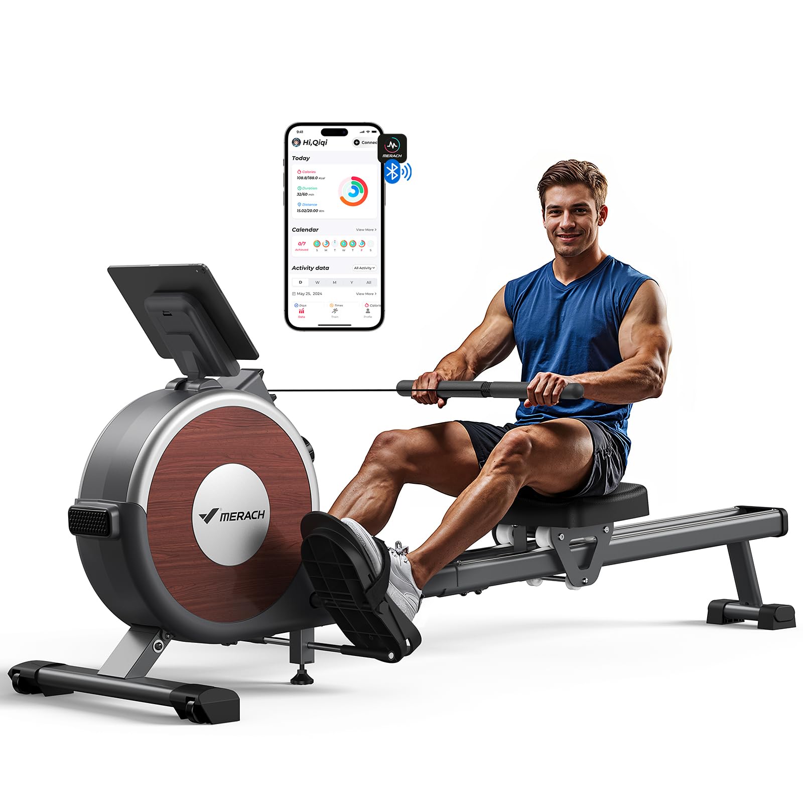MERACH Home Rowing Machine, 16 Resistance Levels, Quiet Magnetic Rowing Machine, Connected via App, Improved Double Rails for More Stability, Easy Assembly (Grey)