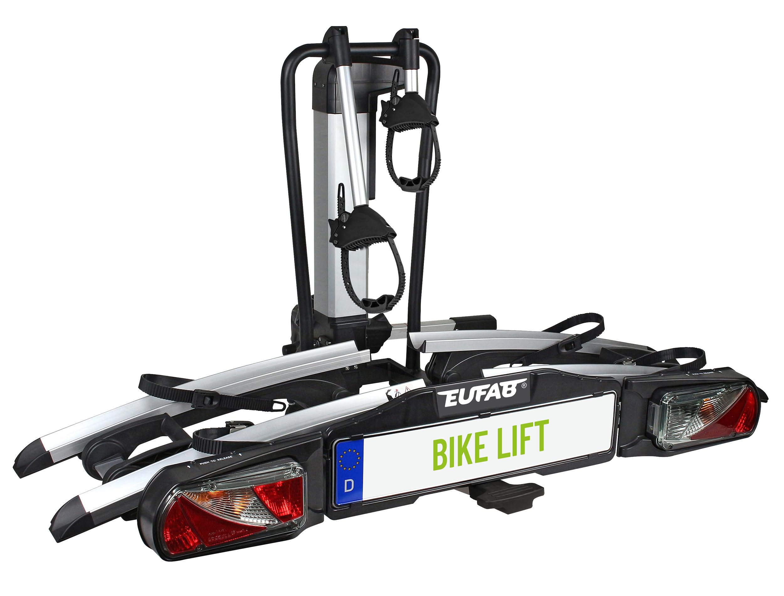 EUFAB 11521 Fahrradträger PREMIUM 2, E-Bike geeignet, komplett vormontiert, Diebstahlschutz, für 2 Fahrräder, für Anhängekupplung, Schwarz, Silber