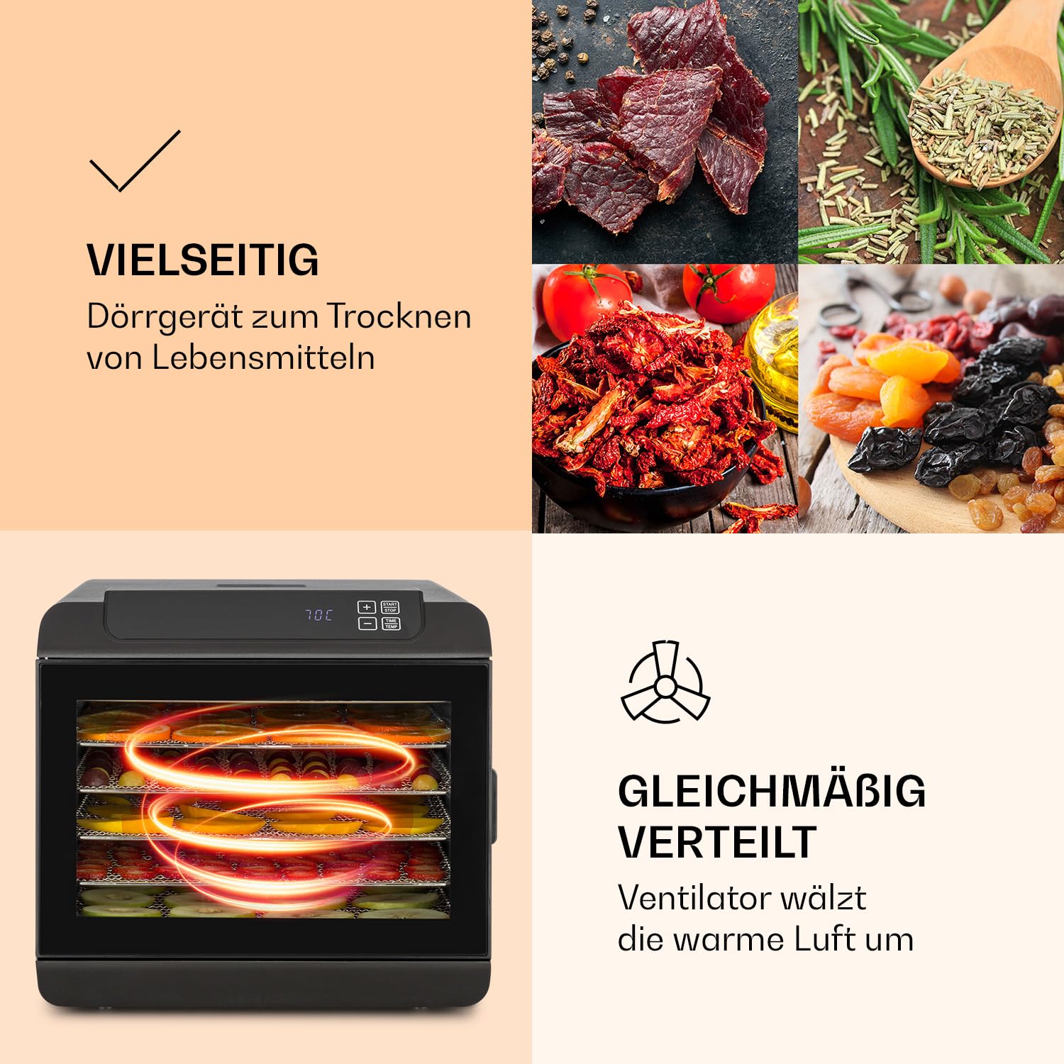 Klarstein Arizona Jerky Dörrautomat - Dörrgerät, Dehydrator, trocknet Obst, Fleisch und Früchte, 500 Watt, 35-70°C, 6 spülmaschinenfeste Einlagefächer, kurze Trockenzeit, Touch-Display, schwarzo