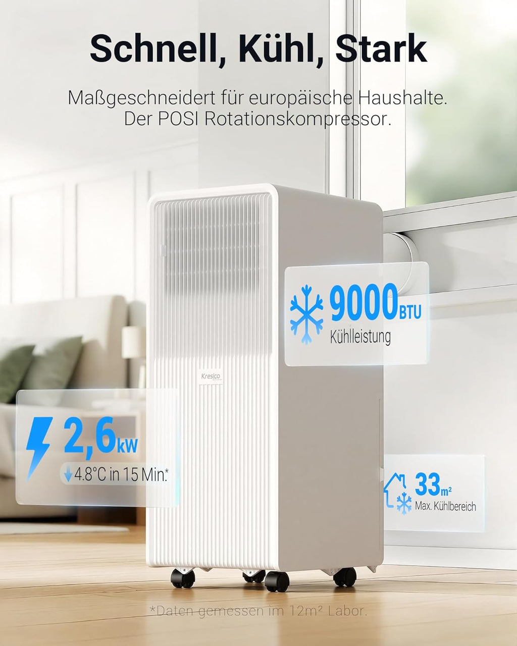 Mobile Air Conditioner 9000 BTU, Mobile Air Conditioner with Exhaust Hose, Mobile Air Conditioner with Exhaust Hose for Rooms up to 33 m²/90 m³, Air Conditioner with Timer, R290, White