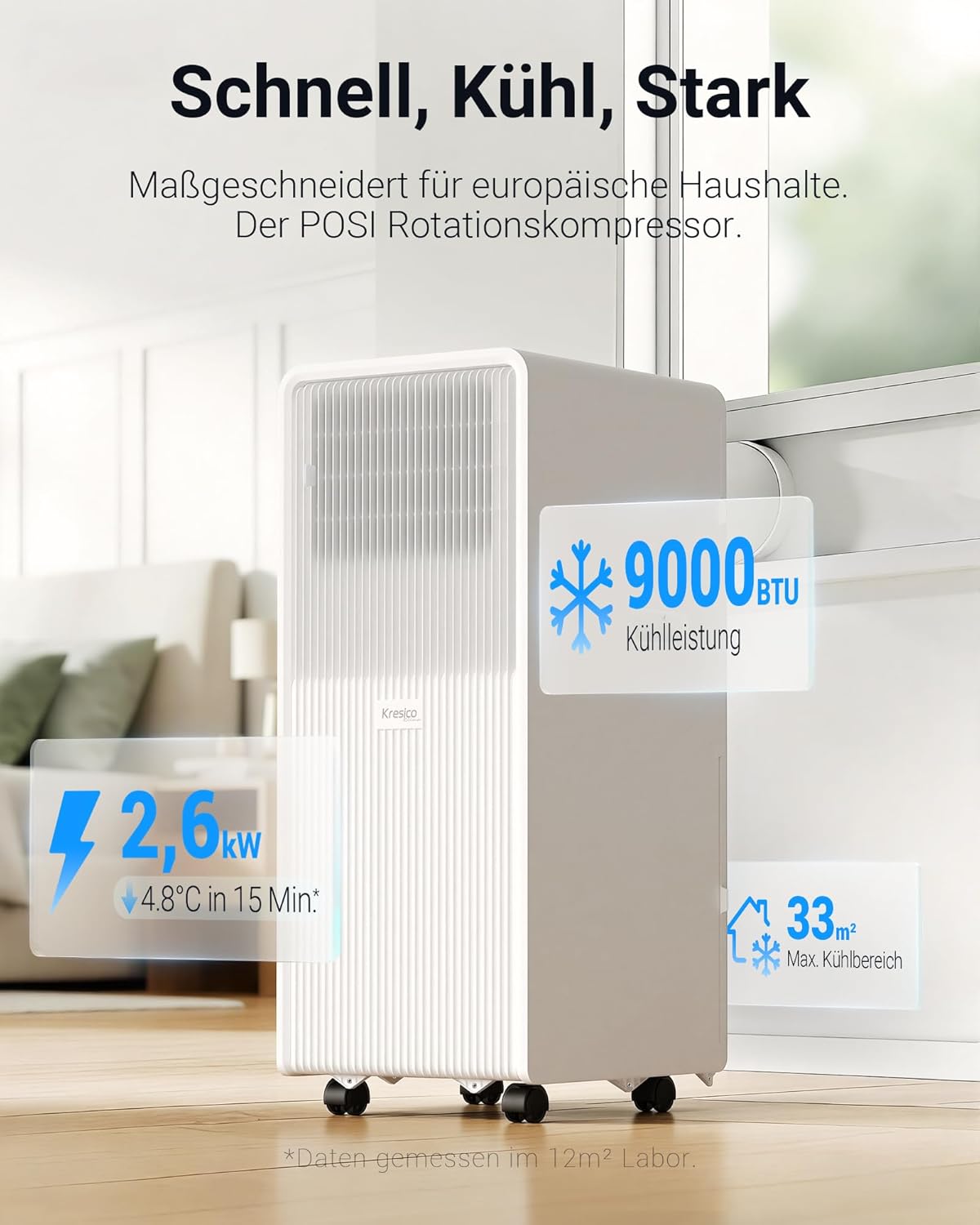 Mobile Air Conditioner 9000 BTU, Mobile Air Conditioner with Exhaust Hose, Mobile Air Conditioner with Exhaust Hose for Rooms up to 33 m²/90 m³, Air Conditioner with Timer, R290, White