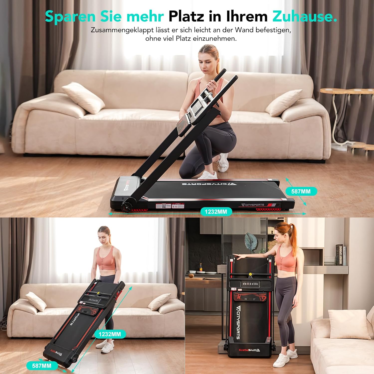 CITYSPORTS Electric Treadmill, Folding Treadmill for Home up to 12 km/h, with LED Display, App and 360° Tablet Holder, Compact Walking Pad for Home and Office