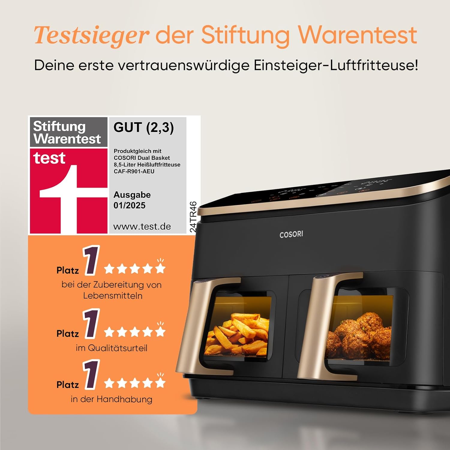 COSORI Hot Air Fryer, 2 Compartments, 6-in-1, Dual Zone, XXL, 8.5 L, Two Chambers, with Viewing Window, for Full Meals, 50 Recipes, Energy-Saving