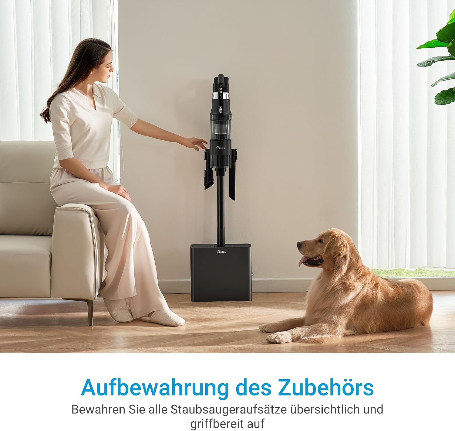 Midea Cordless Vacuum Cleaner with Suction Station, 350 W, up to 60 Minutes Running Time, Self-Draining Anti-Tangle Brush, LED Nozzle, HEPA Filter, Suitable for Allergy Sufferers, Interchangeable Battery, Wireless, Black