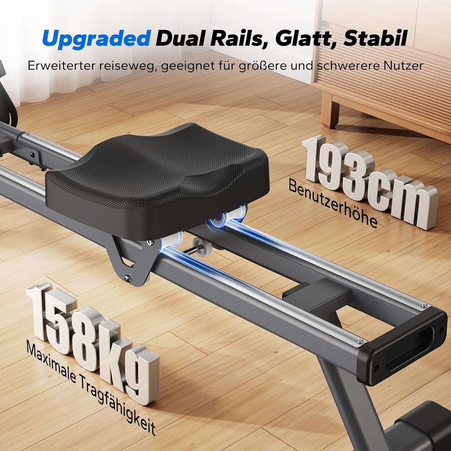 MERACH Home Rowing Machine, 16 Resistance Levels, Quiet Magnetic Rowing Machine, Connected via App, Improved Double Rails for More Stability, Easy Assembly (Grey)