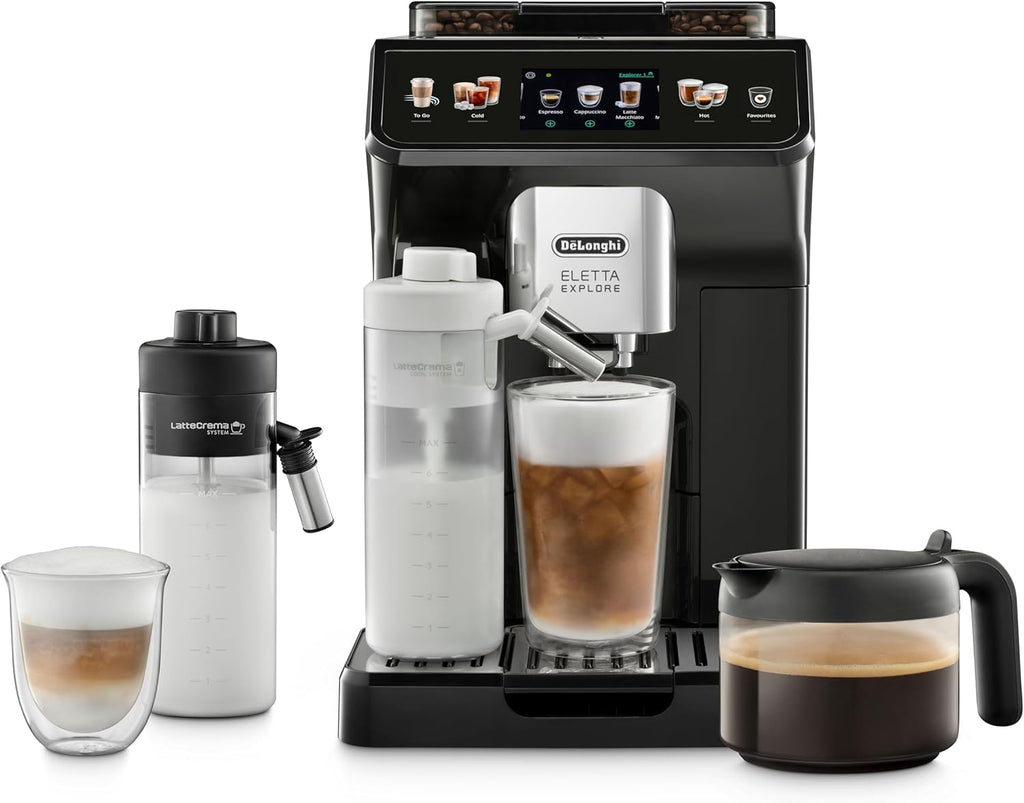 De'Longhi Eletta Explore - Perfetto Fully Automatic Coffee Machine with LatteCrema Milk Frother, 40 Drinks at the Touch of a Button, Coloured Touch Display, Dark Grey (ECAM452.57.G)