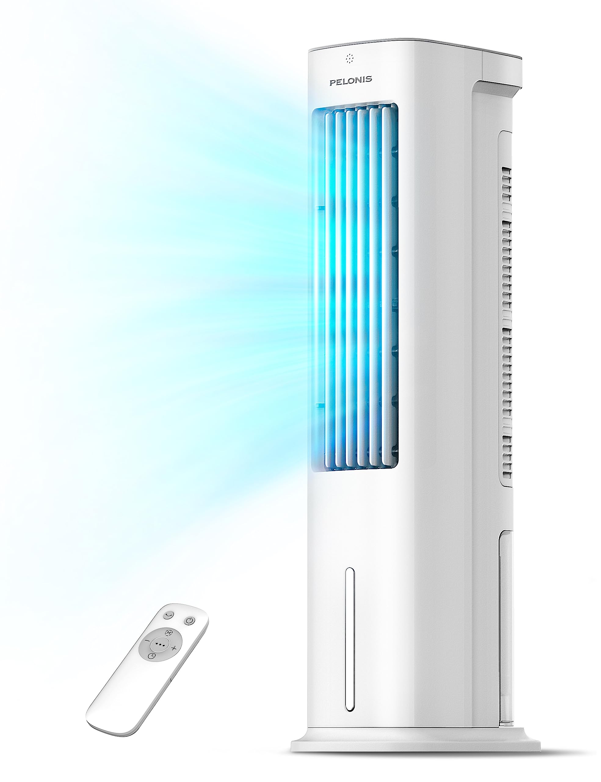 PELONIS 5L Verdunstungskühler mit Fernbedienung, 3-in-1 Tragbarer Luftkühler, Ventilator, Luftbefeuchter & Automatische Oszillation, 3 Stufen Timer 7H, 2 Kühlpads für Zuhause und Büro