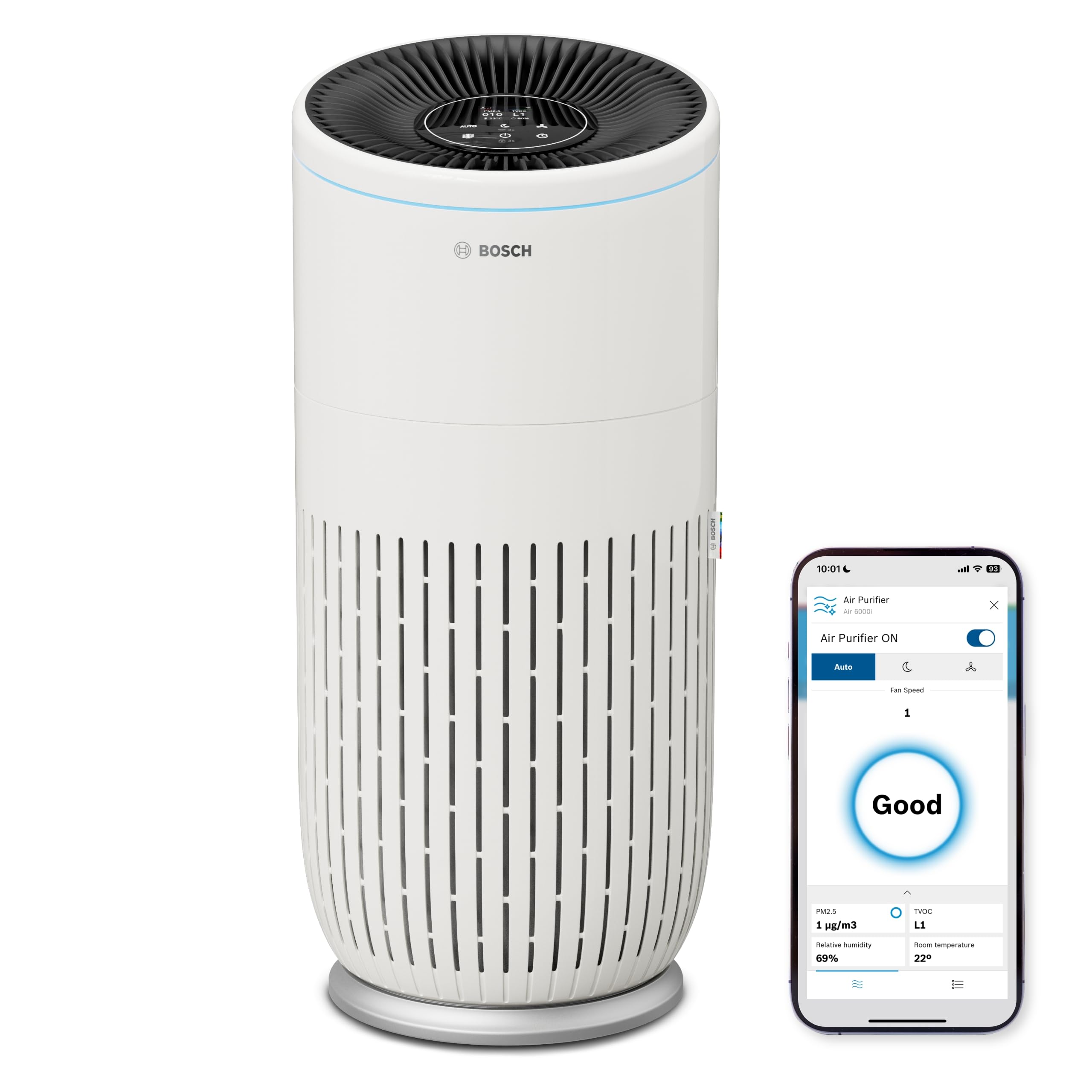 Bosch Air 4000i App-Controlled Air Purifier - For Rooms up to 62.5 m² - Removes Pollutants - With 3-in-1 Air Filter, Smart Sensor, Automatic Mode, Sleep Mode (< 25 dB(A)) - CADR: 300 m³/h