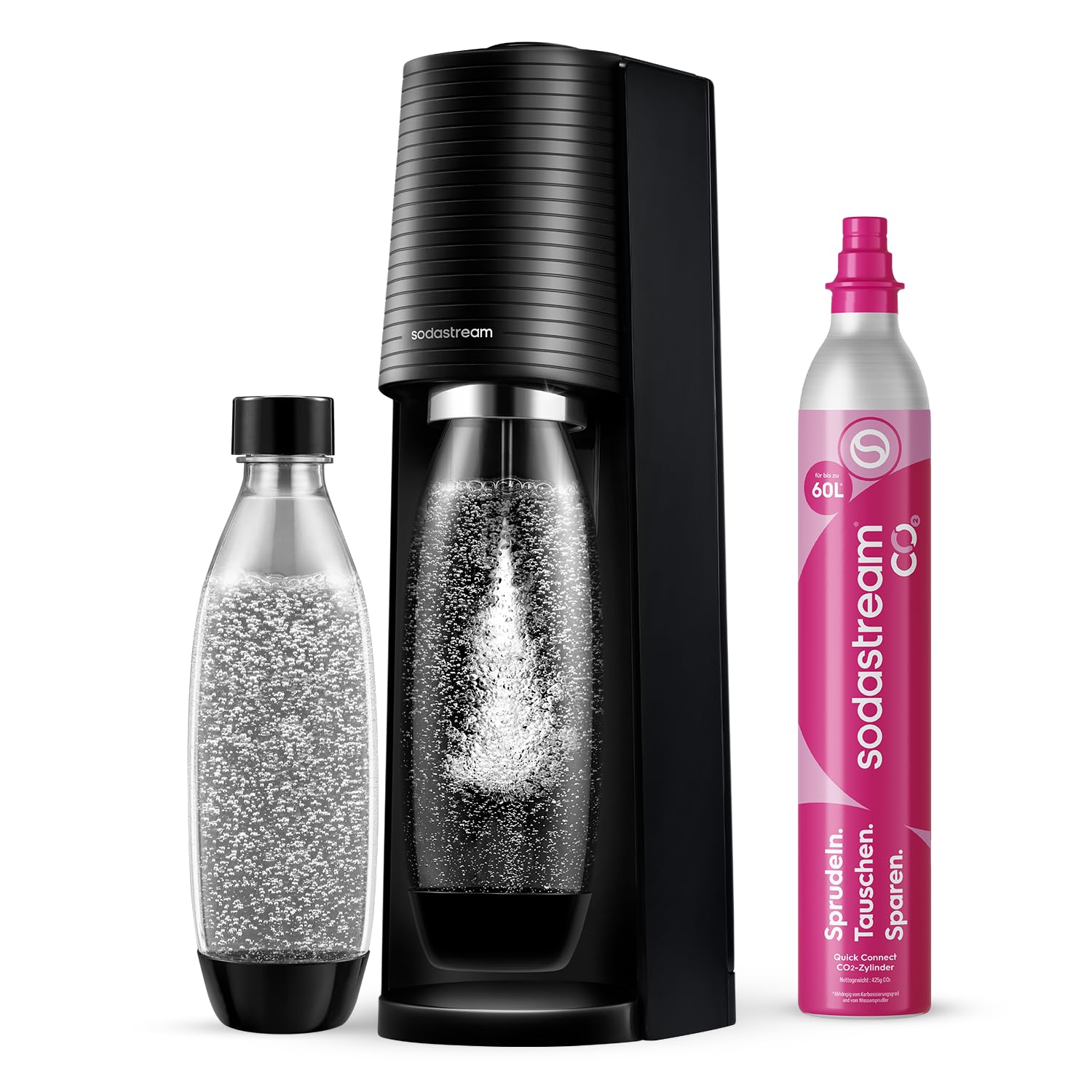 SodaStream TERRA Promopack Water Carbonator with CO2 Cylinder and 3 x 1 L Dishwasher-Safe Plastic Bottles, Height 44 cm, Black