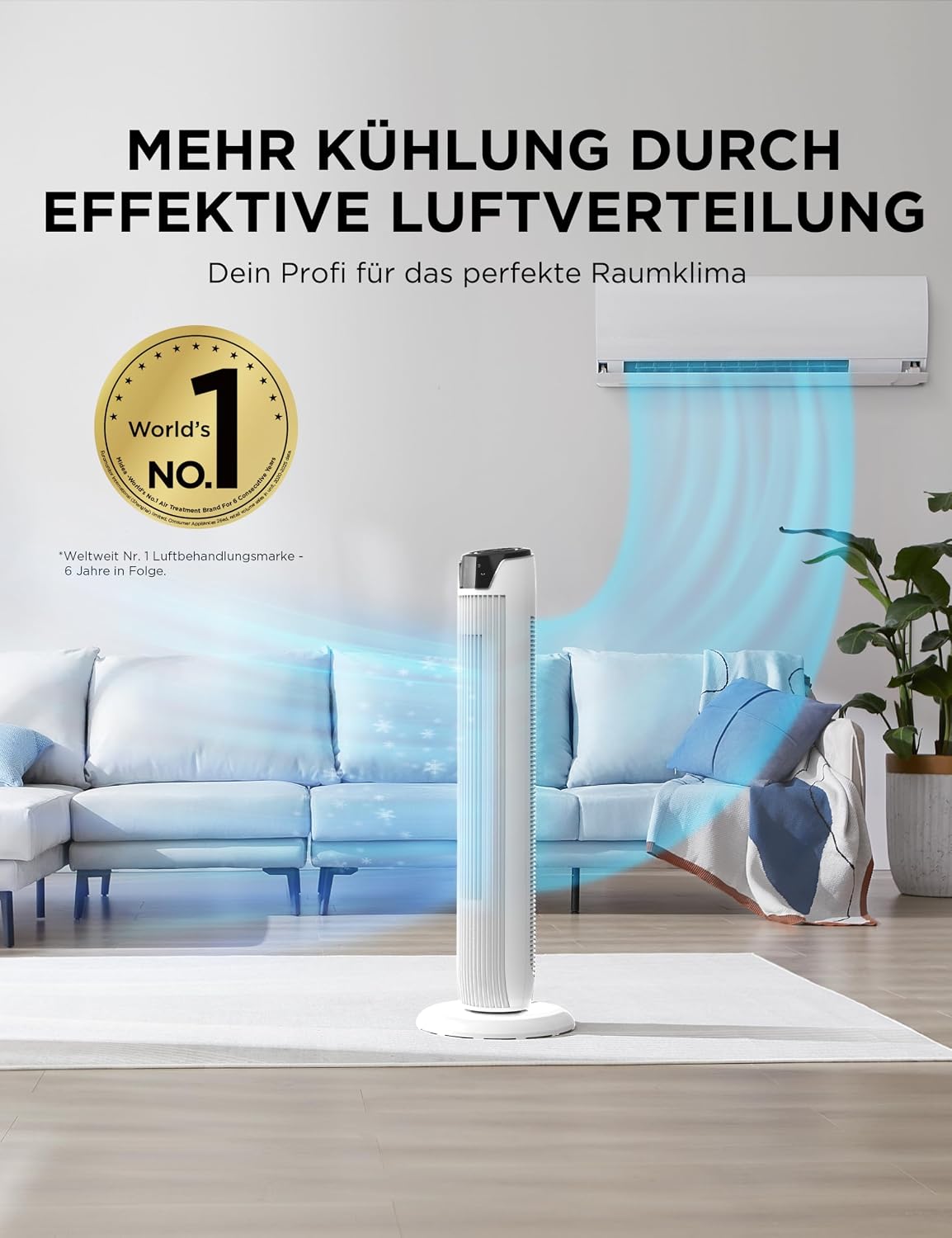 Midea FZ10-17JR(WH) Turmventilator Leise mit Fernbedienung 92CM, mobiler Lüfter,Ventilator Säulenventilator,7 Stunden Timer,3 Modi,3 Geschwindigkeiten,45W Standventilator, Weiß