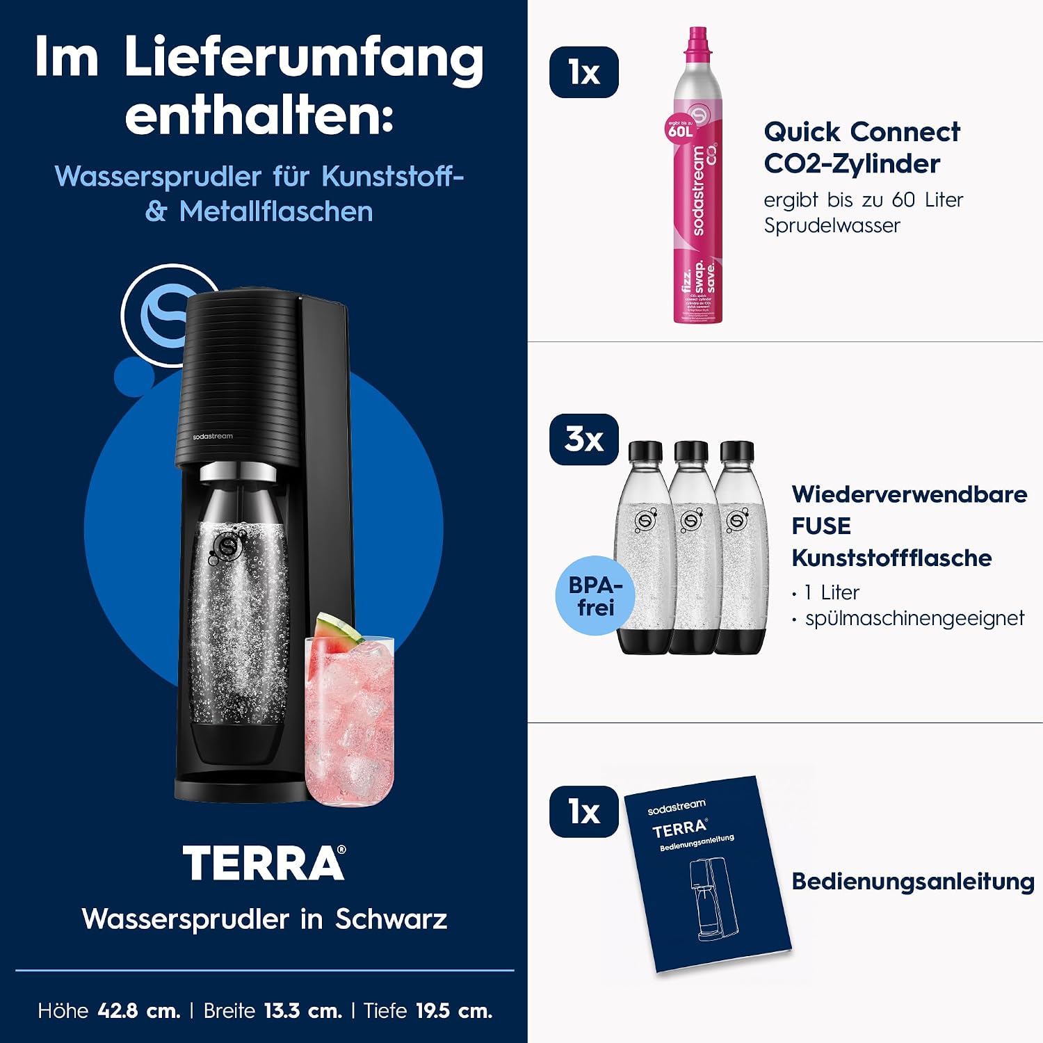 SodaStream TERRA Promopack Water Carbonator with CO2 Cylinder and 3 x 1 L Dishwasher-Safe Plastic Bottles, Height 44 cm, Black