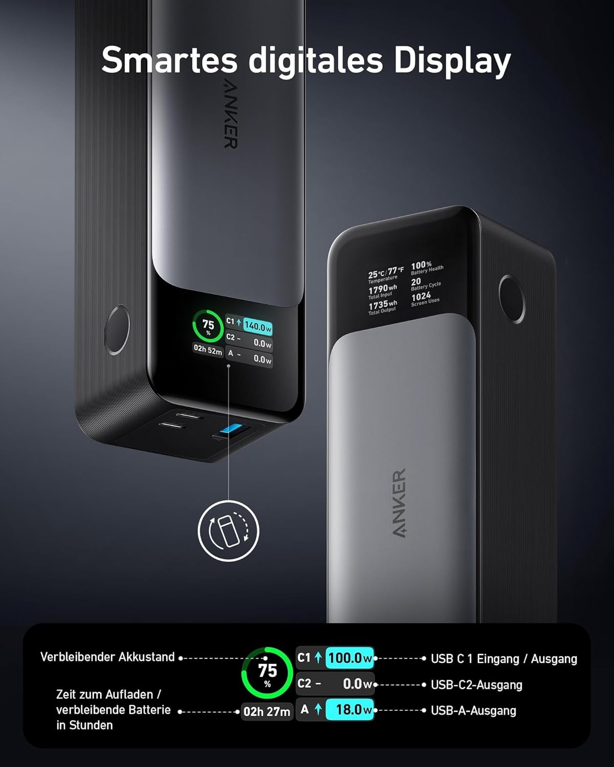 Anker 737 Power Bank, 140 W 24000 mAh Power Bank with 3 Ports, Digital Display, Compatible with iPhone 17/16/15/14, Galaxy, MacBook, AirPods