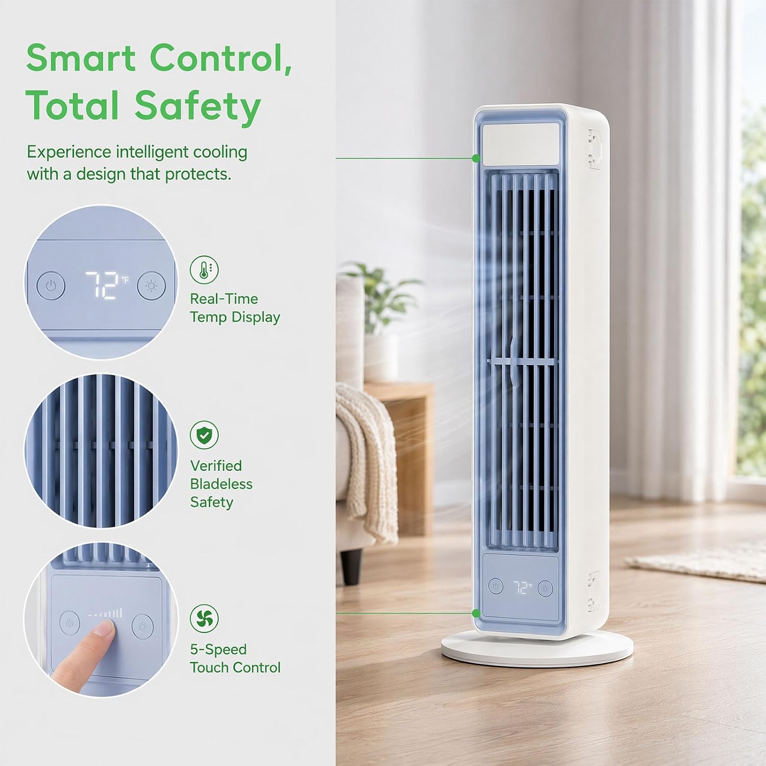 Mobiler Luftkühler Extrem Leise, Tragbare Klimaanlage für Schlafzimmer, Ventilator ohne Flügel mit Nachtmodus, 3 Stufen, Kompaktes Klimagerät für Erholsamen Schlaf