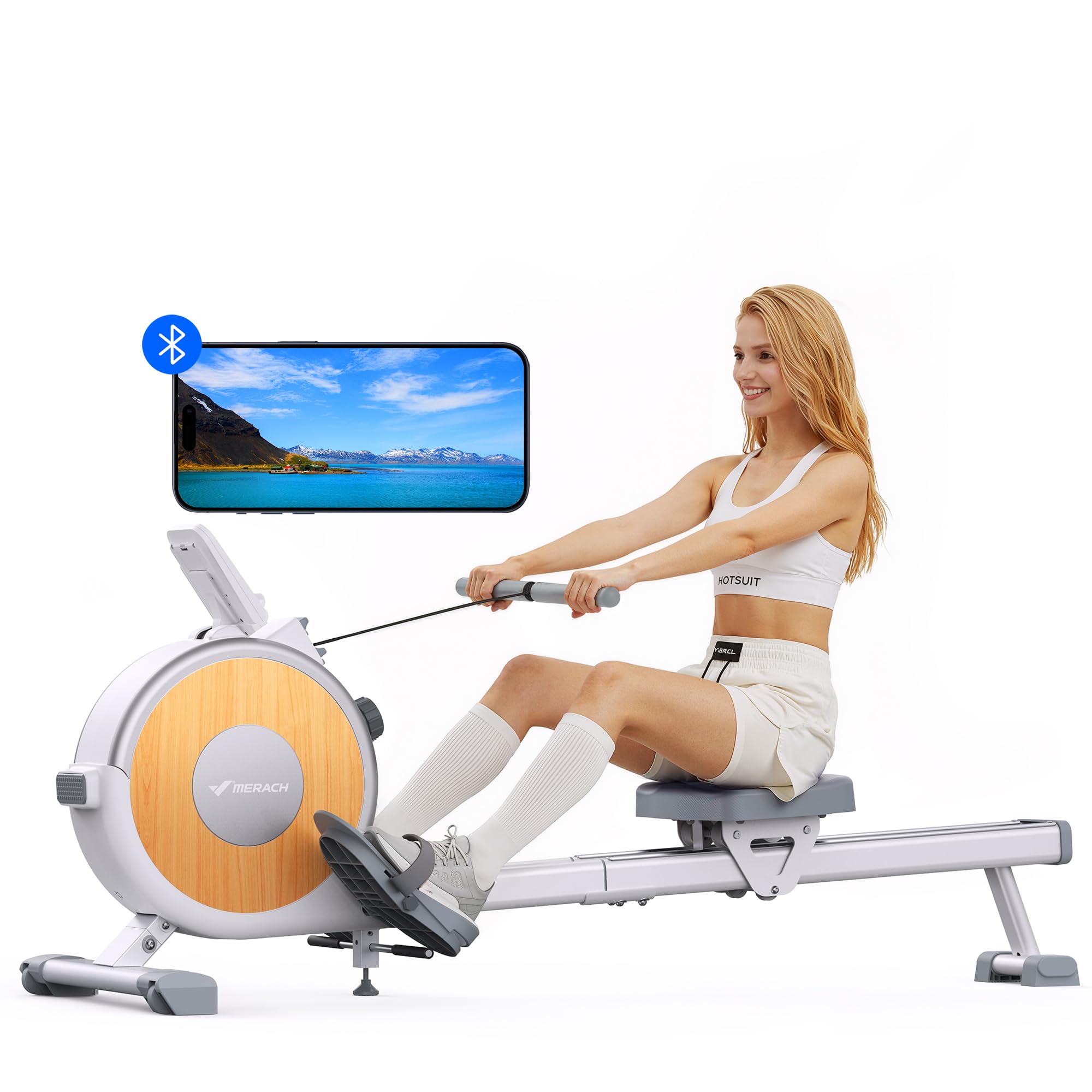MERACH Home Rowing Machine, 16 Resistance Levels, Quiet Magnetic Rowing Machine, Connected via App, Improved Double Rails for More Stability, Easy Assembly (Grey)