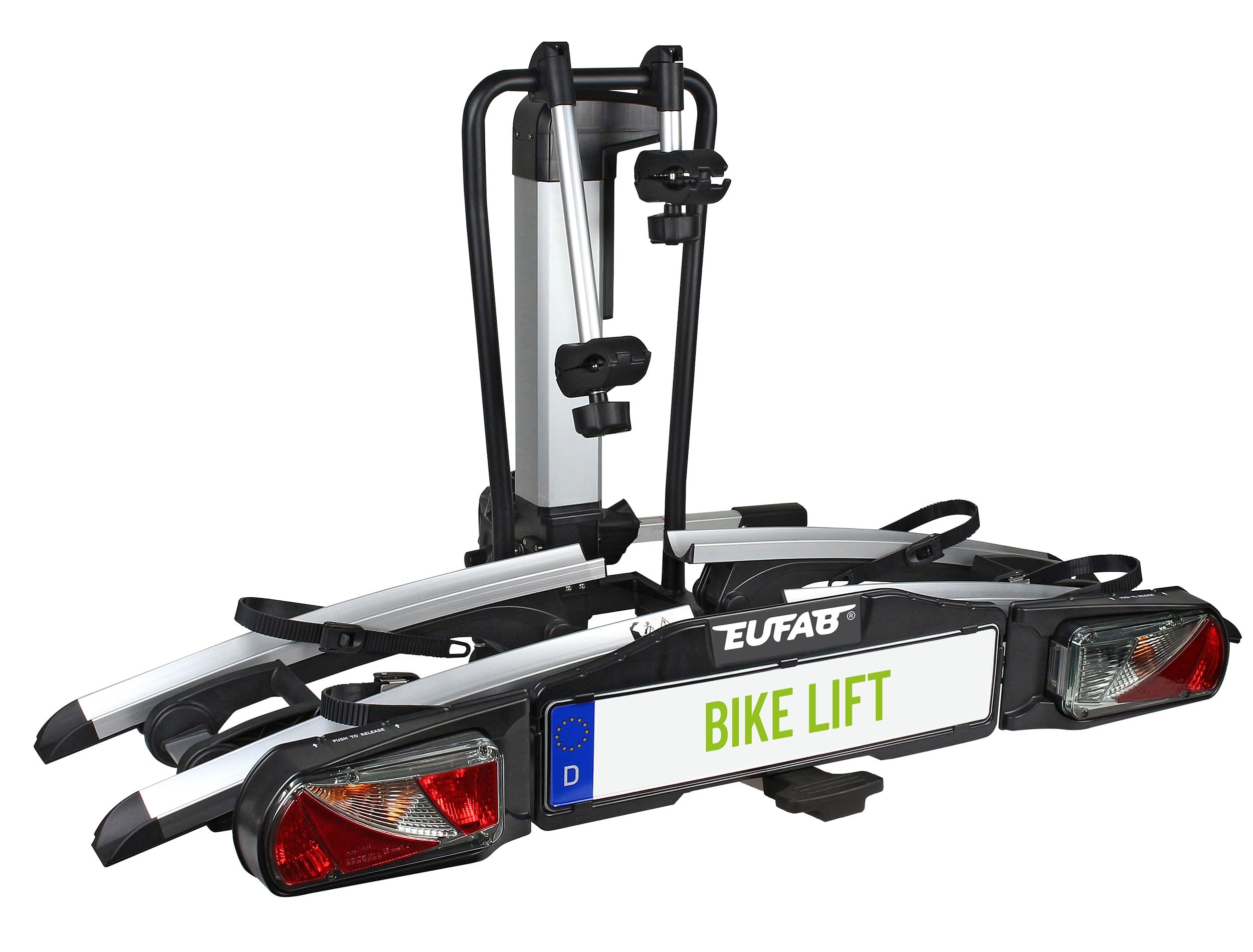 EUFAB 11521 Fahrradträger PREMIUM 2, E-Bike geeignet, komplett vormontiert, Diebstahlschutz, für 2 Fahrräder, für Anhängekupplung, Schwarz, Silber