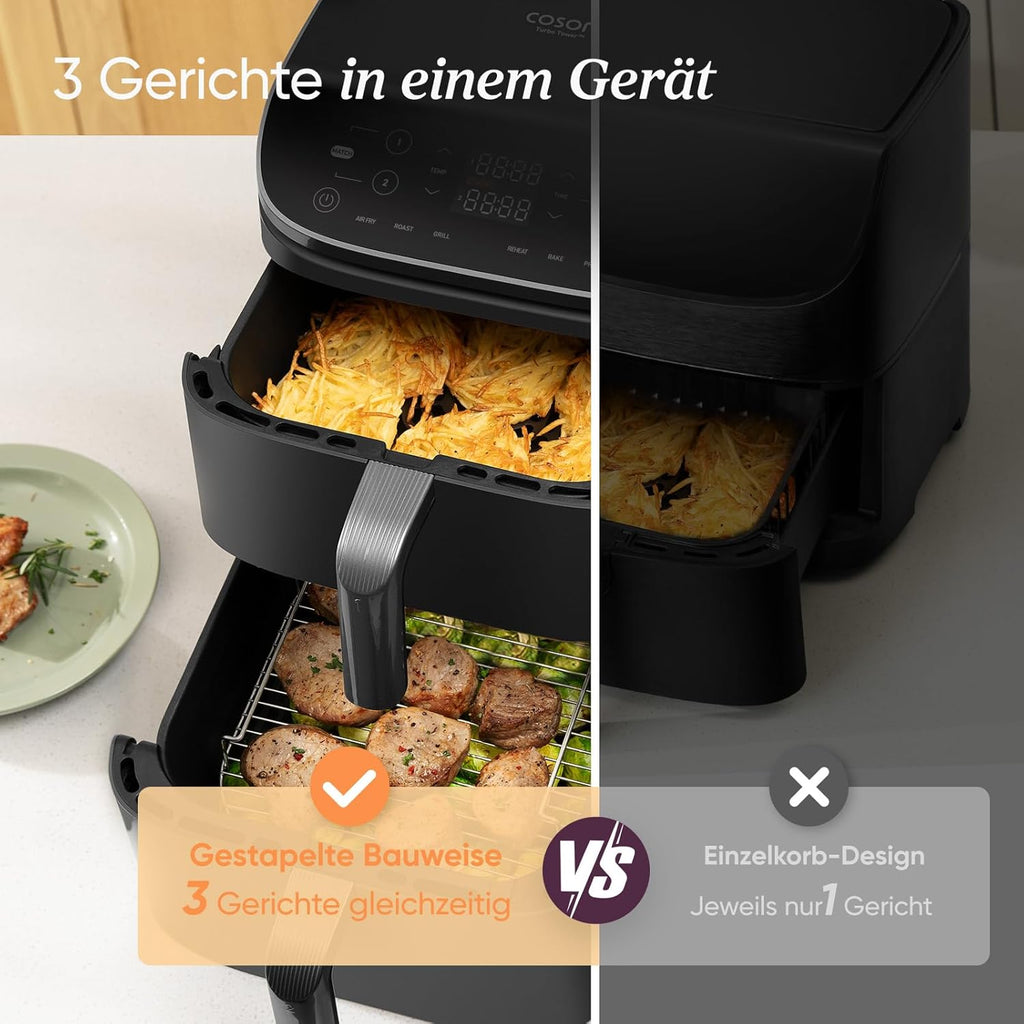 COSORI Airfryer, Hot Air Fryer, 2 Chambers, 10.8 L Hot Air Fryer, Innovative Multiple Air Speed, Saves 41 Percent Space, Includes Recipe Book and Stainless Steel Grate, Silver Grey