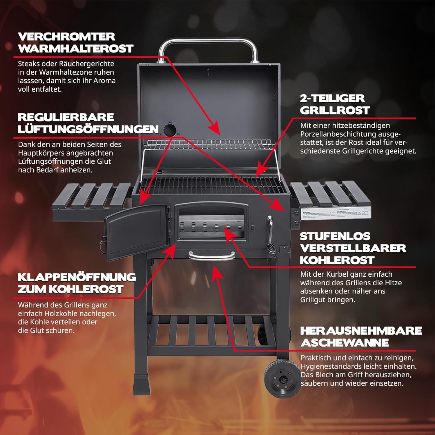 TAINO Hero XL BBQ Smoker Barbecue Trolley Charcoal Grill Fire Stand Grill Smoker Oven Accessories Cast Iron