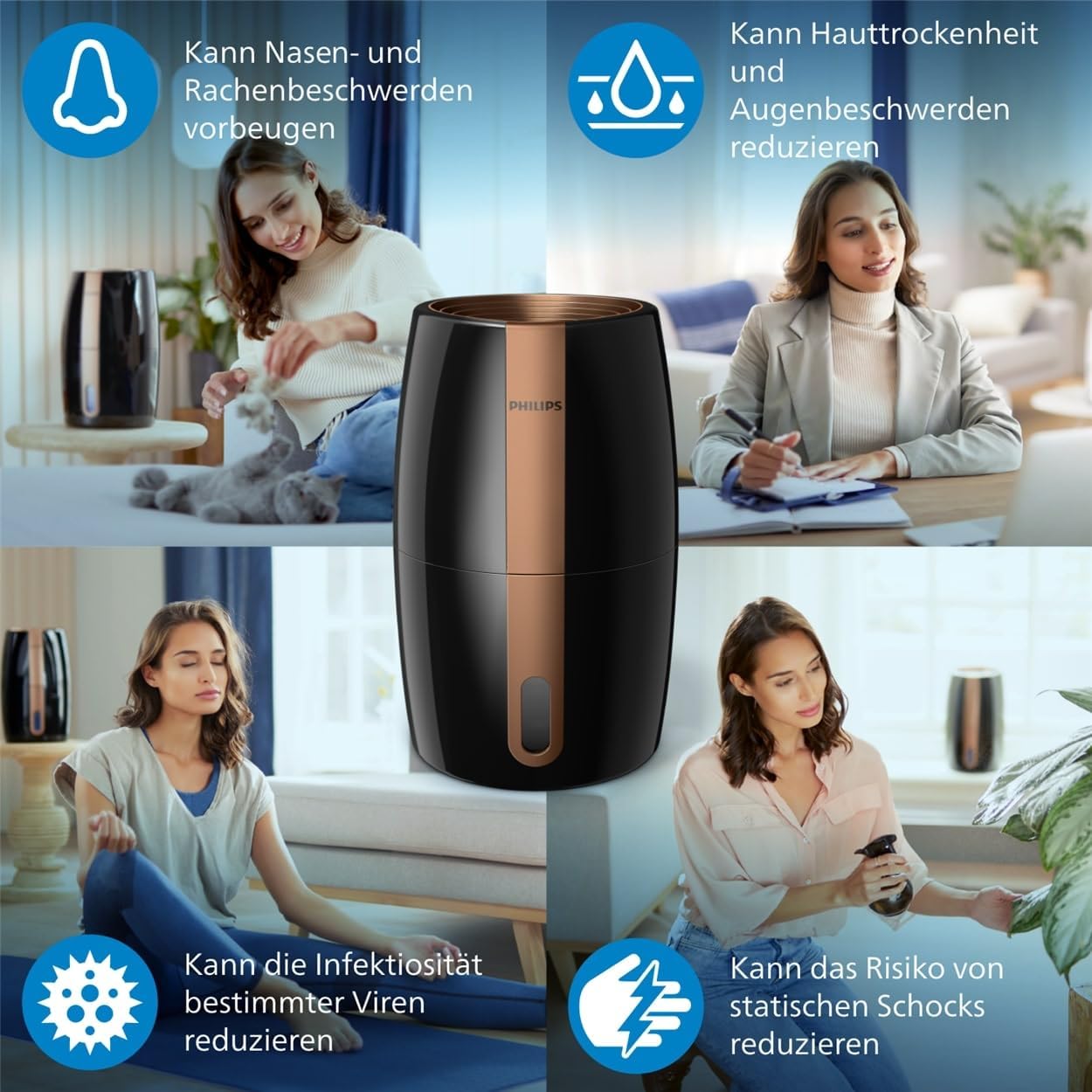 Philips Humidifier 2000 Series, NanoCloud Technology, 99.97% Less Bacteria, 200ml/h, 2L Tank, Ultra Quiet (33dB), Sensor, 3 Levels, Auto & Sleep Mode, Timer, Black (HU2718/10)