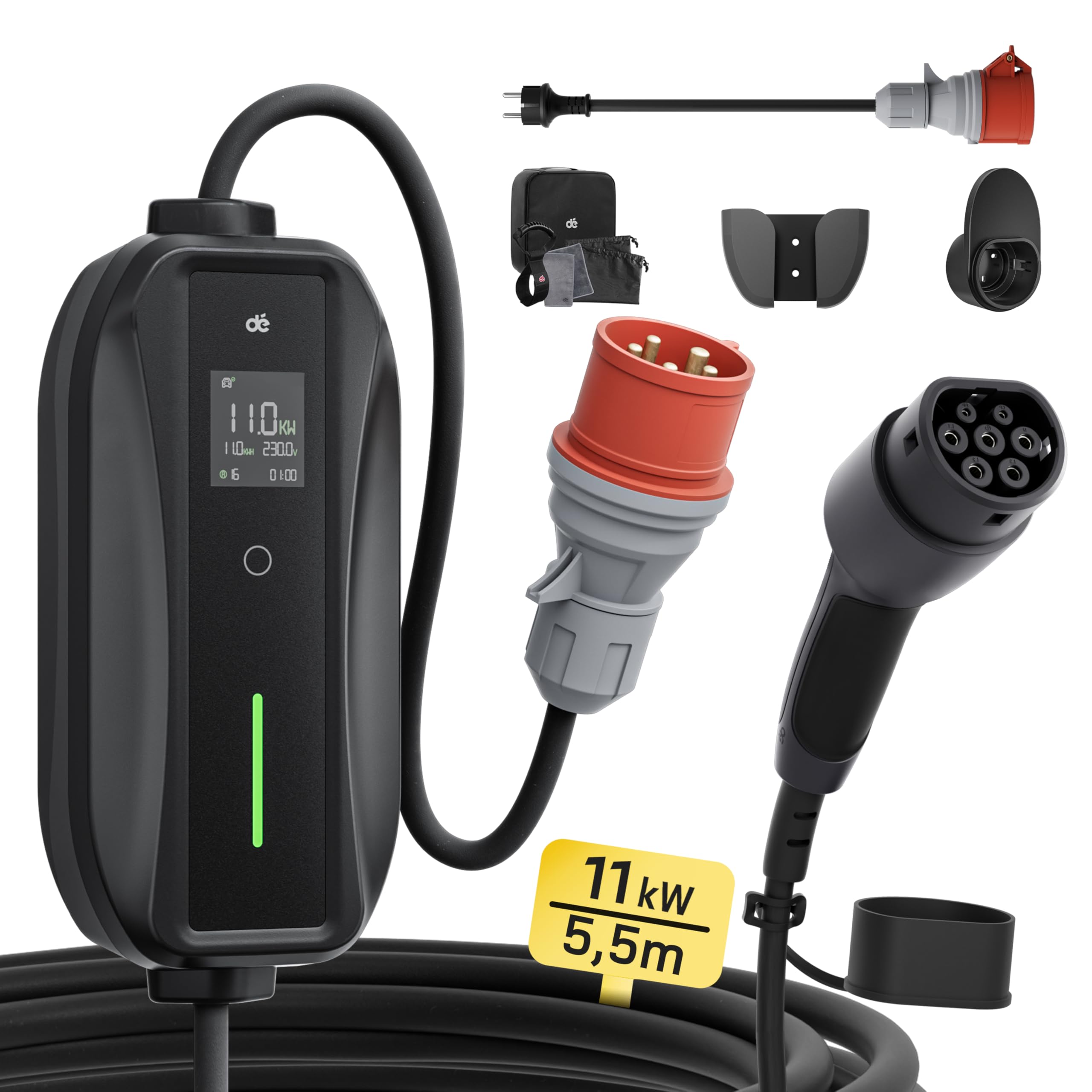 dé Mobile Wallbox/Charging Station 11 kW [3-Phase | 7 m | 6-16 A] with Adjustable Charging Power, Charging Cable CEE 16A to Type 2 and EV Charger for Model Y/3, ID.3/4/5, MG4, EX30, e-up, e-tron, Zoe and Other EV