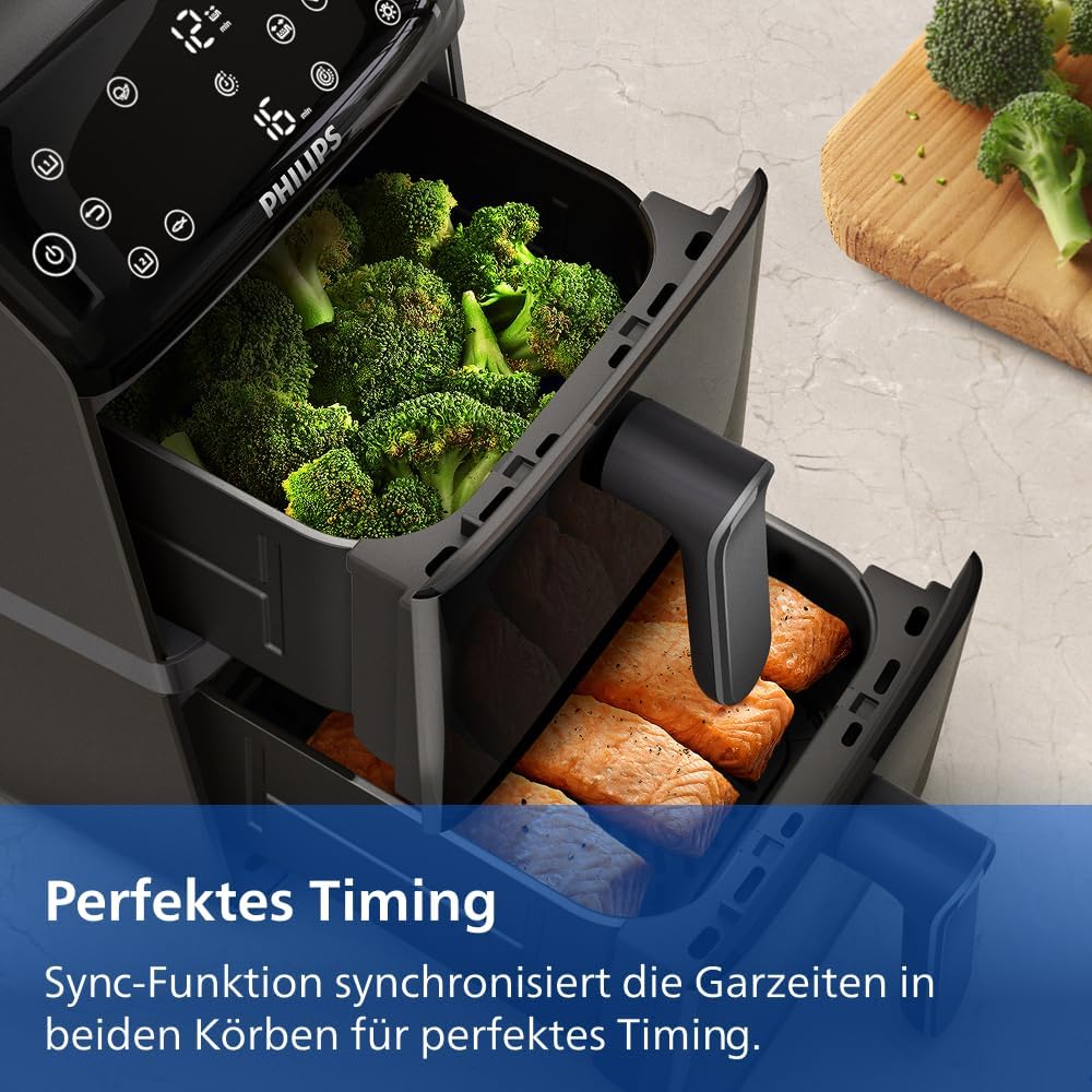 Philips Airfryer 4000 Series Stacked Dual Basket, Stacked Hot Air Fryer, 2 Chambers, 10L, RapidAir Technology, 45% Less Space, PFAS-Free Ceramic Coating, Viewing Window (NA460/00)