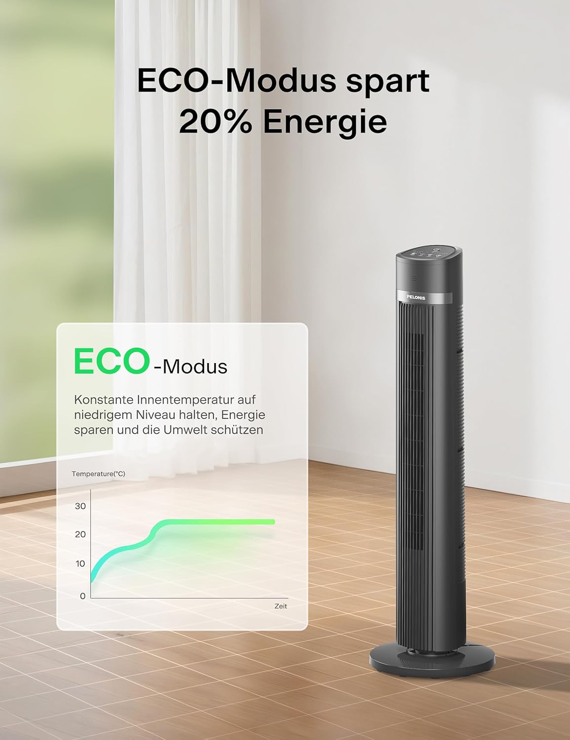 Pelonis Quiet Tower Fan, 40 Inch 102 cm Fan with Remote Control, 7 m/s Tower Fan Floor Fan with 90° Oscillation, 15-Hour Timer and 3 Speeds, Fans with Cooling