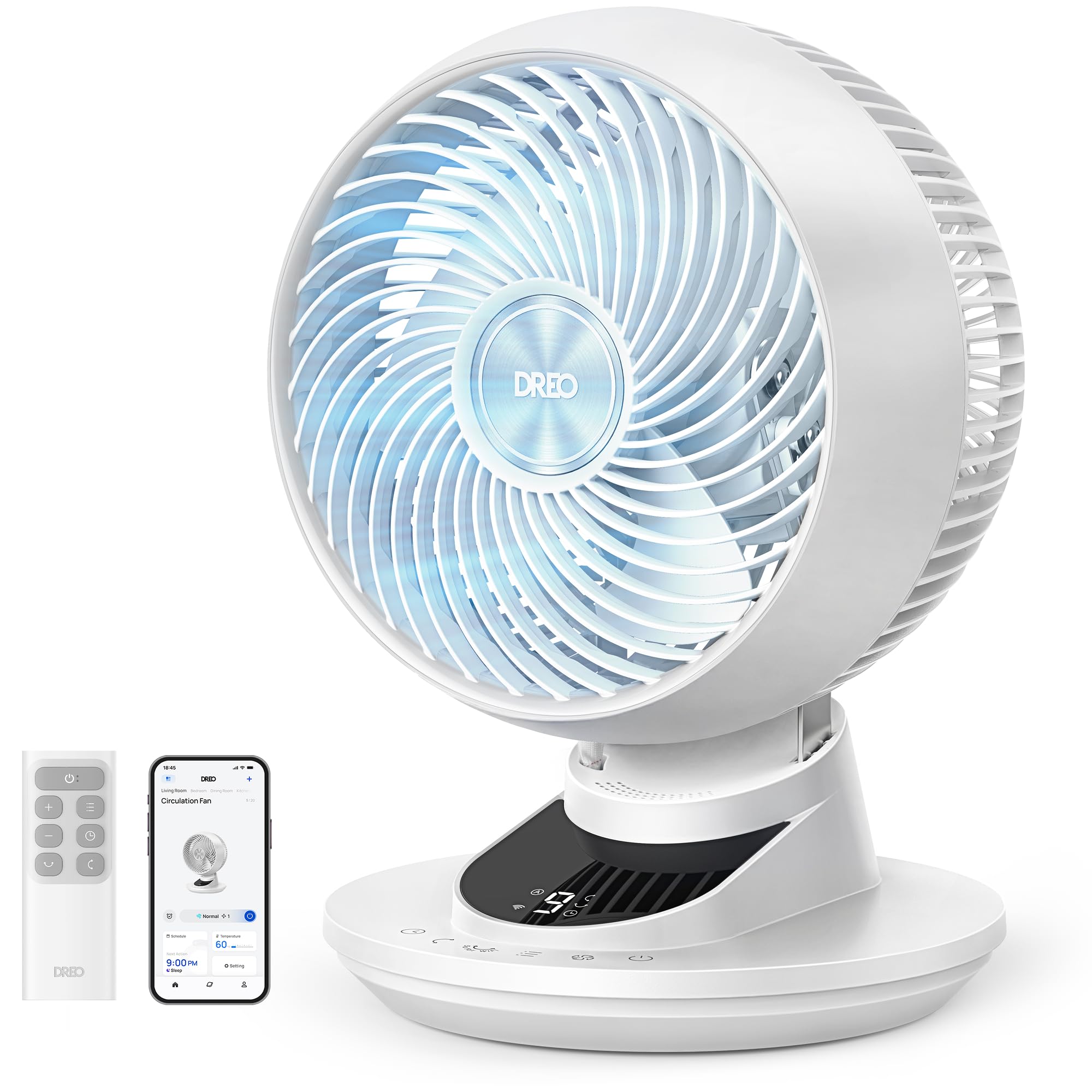 DREO 3D Table Fan, Very Quiet, 22 dB, Small Fan with Remote Control, 8.8 m/s Strong Airflow, 90° Oscillation, App & Voice Control, 9 Levels, 8/12h Timer for Bedroom and Office