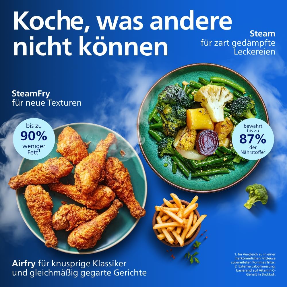 Philips Steam Airfryer 5000 Series Dual Basket Hot Air Fryer with Steamer Function & 2 Baskets - Steam, Airfry, SteamFry, 9L (3L+6L), RapidAir Plus, Automatic Steam Cleaning (NA550/00)
