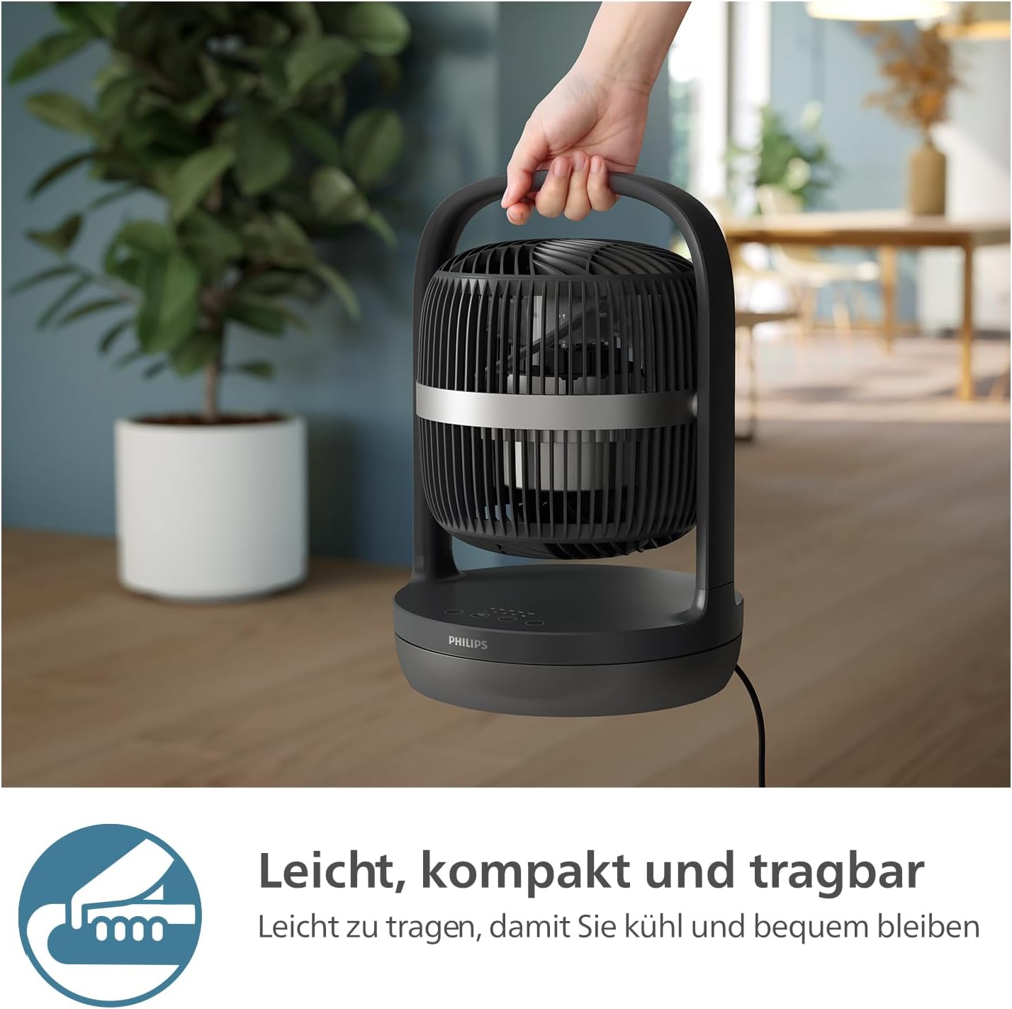 PHILIPS oszillierender Tischventilator Serie 3000, stark & superleise mit SilentWings-Technologie mit 23 dB, leicht zu tragen, Neigung 180°, Timer, schwarz (CX3050/01)