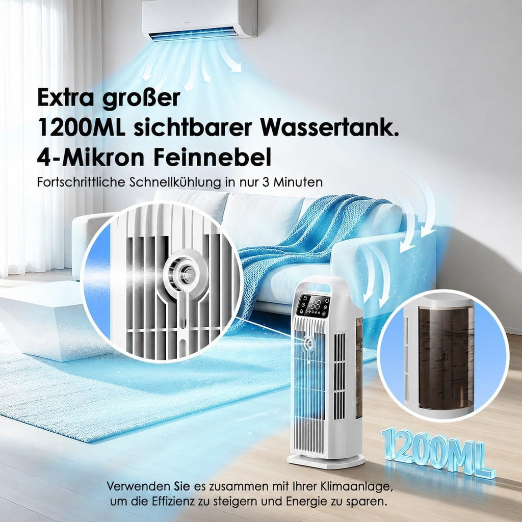 Mobile Air Conditioner without Exhaust Hose, 6-in-1, Air Cooler with Water Cooling & Humidifier, Air Cooler with 1200 ml Tank, 7 m/s Turbo, 36 W Quiet Mini Air Conditioner for Bedroom and Apartment