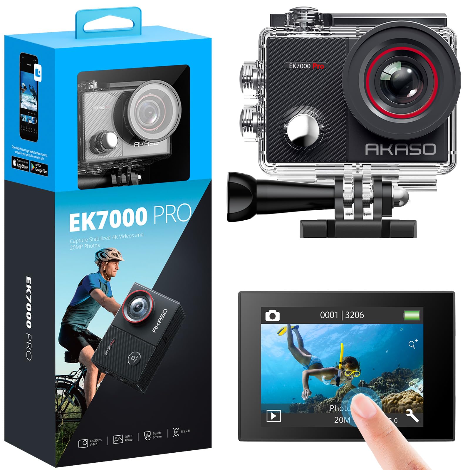 AKASO Action Cam 4K30FPS 20MP with Floating Handle and Bag WiFi 40M Underwater Camera Waterproof Ultra HD Touchscreen Adjustable Wide Angle Ice Action Cam with 2.4G Remote Control