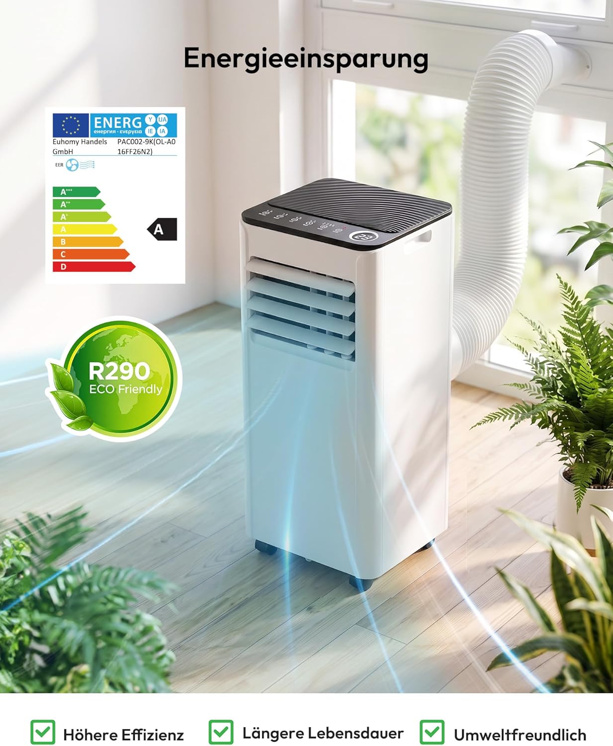 Mobile Air Conditioner 9000 BTU with Exhaust Hose, 4-in-1 Mobile Air Conditioner, Quiet Operation, Digital Display + Remote Control, Window Installation Set, 24-Hour Timer, For Rooms up to 25 m²