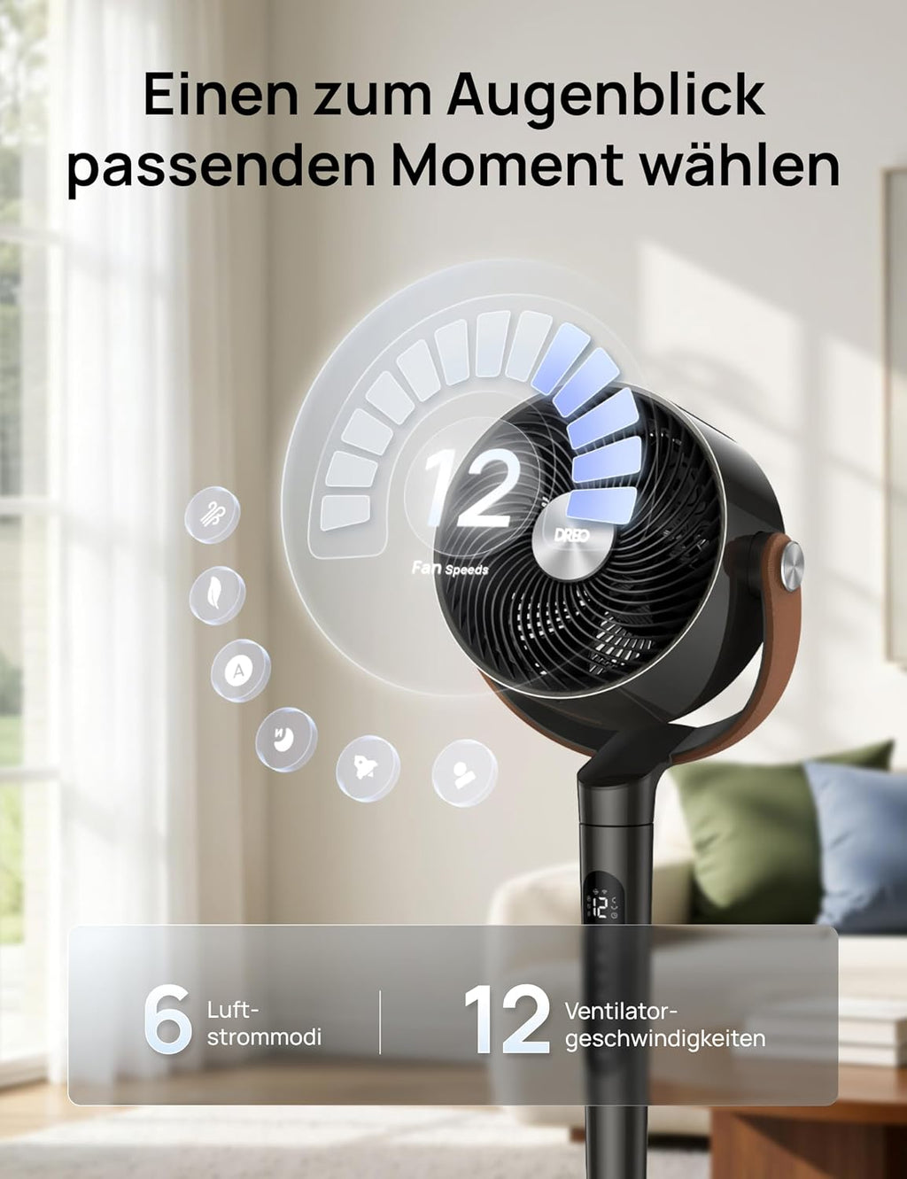 DREO 20dB Quiet Smart Floor Fan for Bedroom with RGB LED, 150° + 120° Oscillation, 30 m Air Circulation Fan and 2209 m³/h Air Volume, 12 Speeds, 6 Modes, 94-107 cm Height, WLAN & Alexa