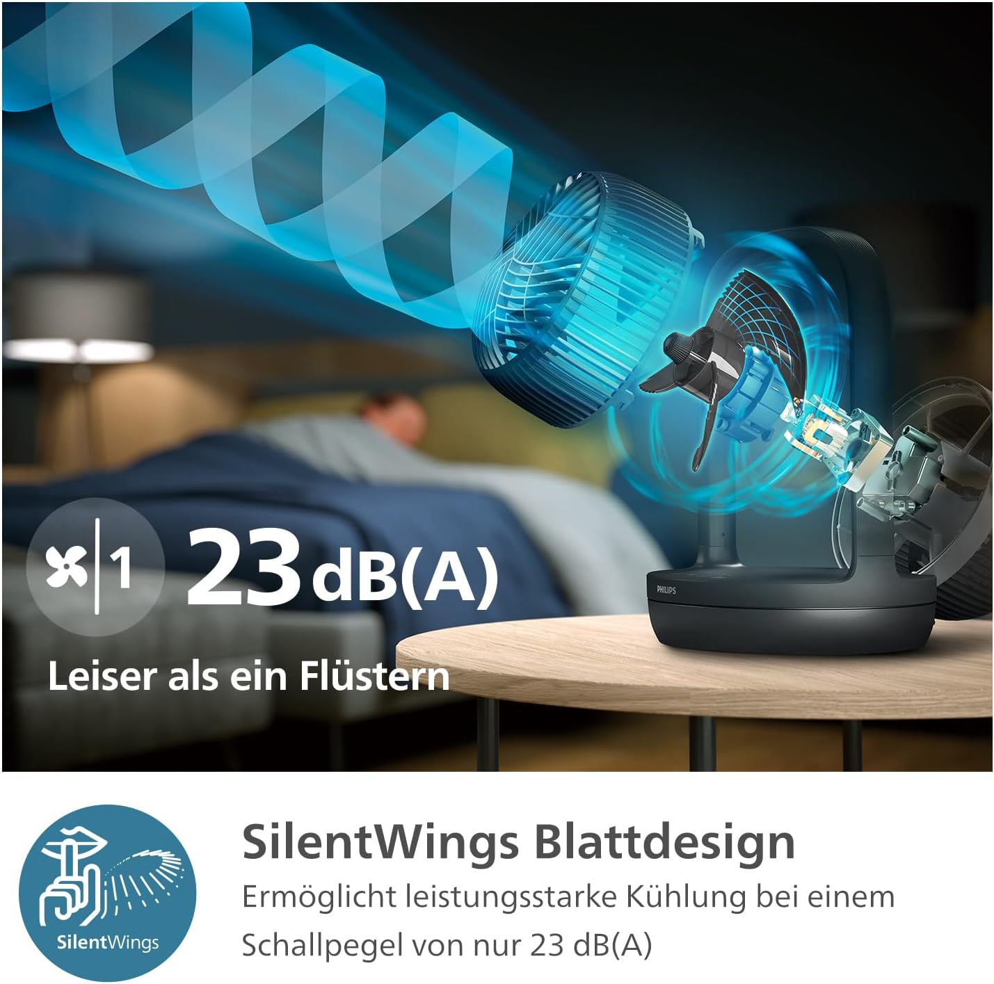 PHILIPS oszillierender Tischventilator Serie 3000, stark & superleise mit SilentWings-Technologie mit 23 dB, leicht zu tragen, Neigung 180°, Timer, schwarz (CX3050/01)