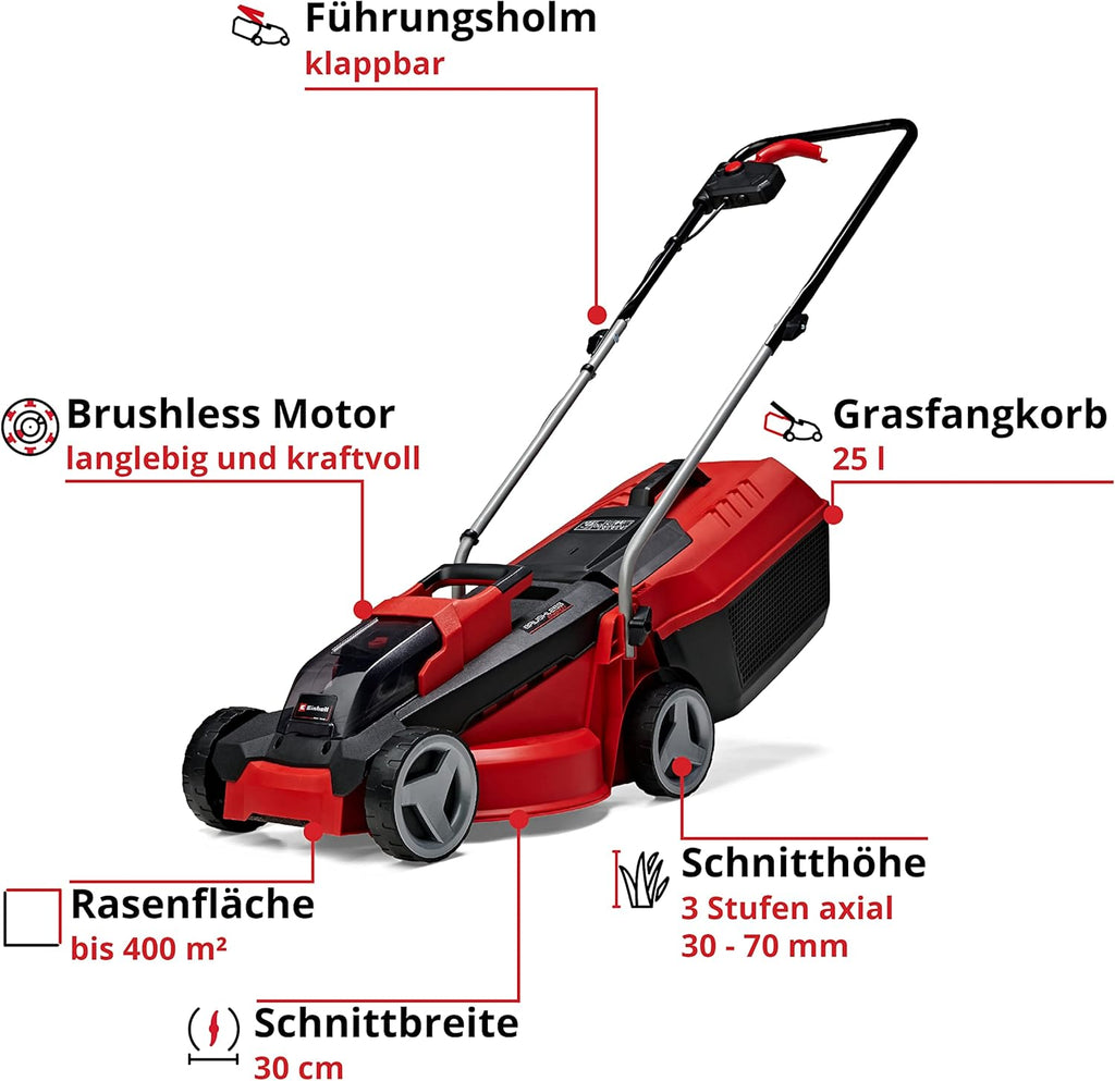Einhell City Battery-Powered Lawnmower GE-CM 18/30 Li-Solo Power X-Change (18 V, 30 cm Cutting Width up to 150 m², Brushless, 25 L Grass Catcher Basket, 30–70 mm Cutting Height, without Battery)
