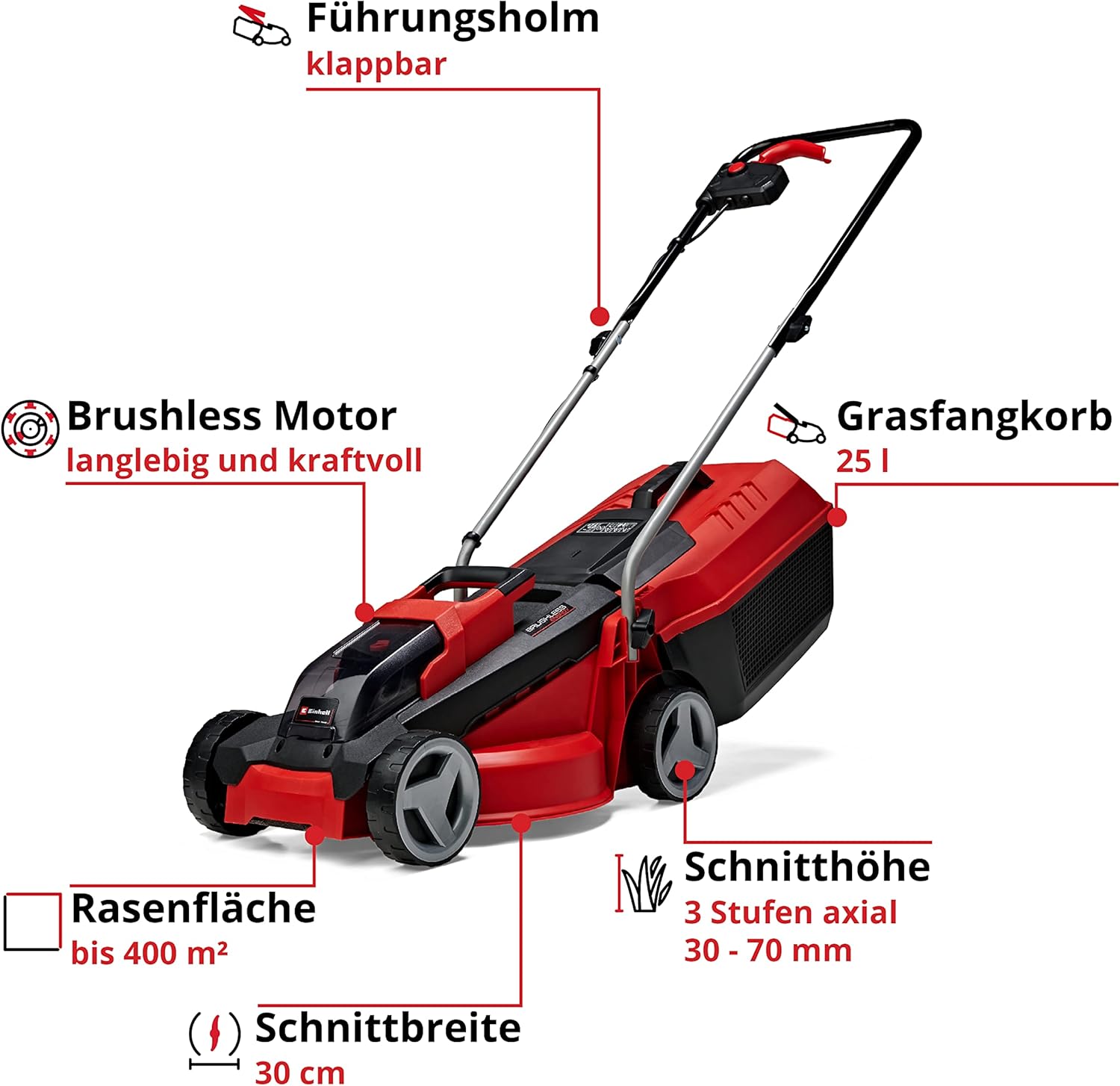 Einhell City Battery-Powered Lawnmower GE-CM 18/30 Li-Solo Power X-Change (18 V, 30 cm Cutting Width up to 150 m², Brushless, 25 L Grass Catcher Basket, 30–70 mm Cutting Height, without Battery)