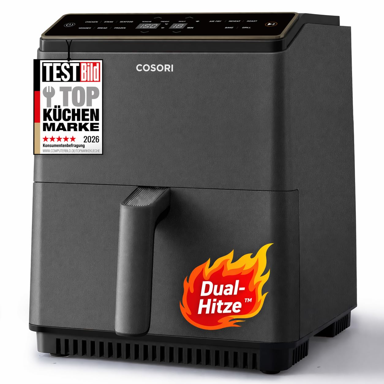 Cosori TurboBlaze Airfryer, 9-in-1 Air Fryer XXL 6L, quiet DC motor with 5 fan speeds, Roast, Grill, Bake, Proof, Dehydrate, Frozen, 87 recipes, 64% energy saving, 95% less oil, even&crispy results