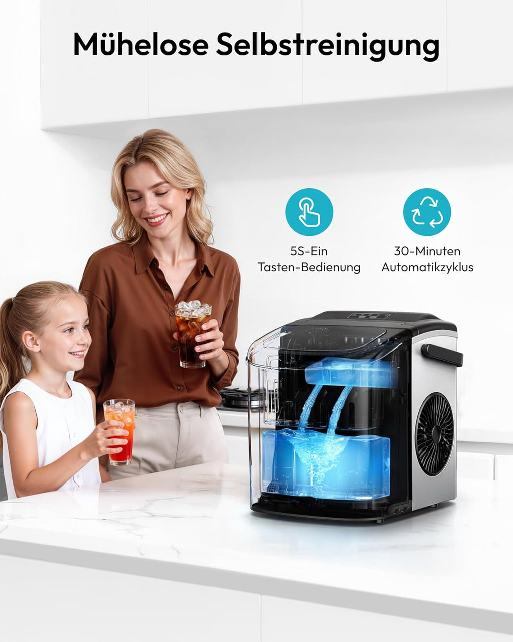 EUHOMY Small Ice Cube Machine, 9 Ice Cubes in 6 Minutes, 12 kg/24 H, Stainless Steel Ice Cube Machine with Portable Handle, Self-Cleaning Compact Ice Cube Machines for Home/Kitchen/Office/Bar