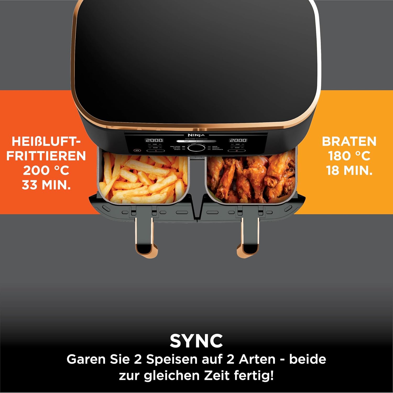 Ninja Foodi MAX Dual Zone Hot Air Fryer [AF400EUCP] Amazon Exclusive, ‎2470 Watt, 9.5 L, 2 Hot Air Fryer Compartments, 6 Functions, 27 x 41.5 x 32.5 cm, Copper/Black
