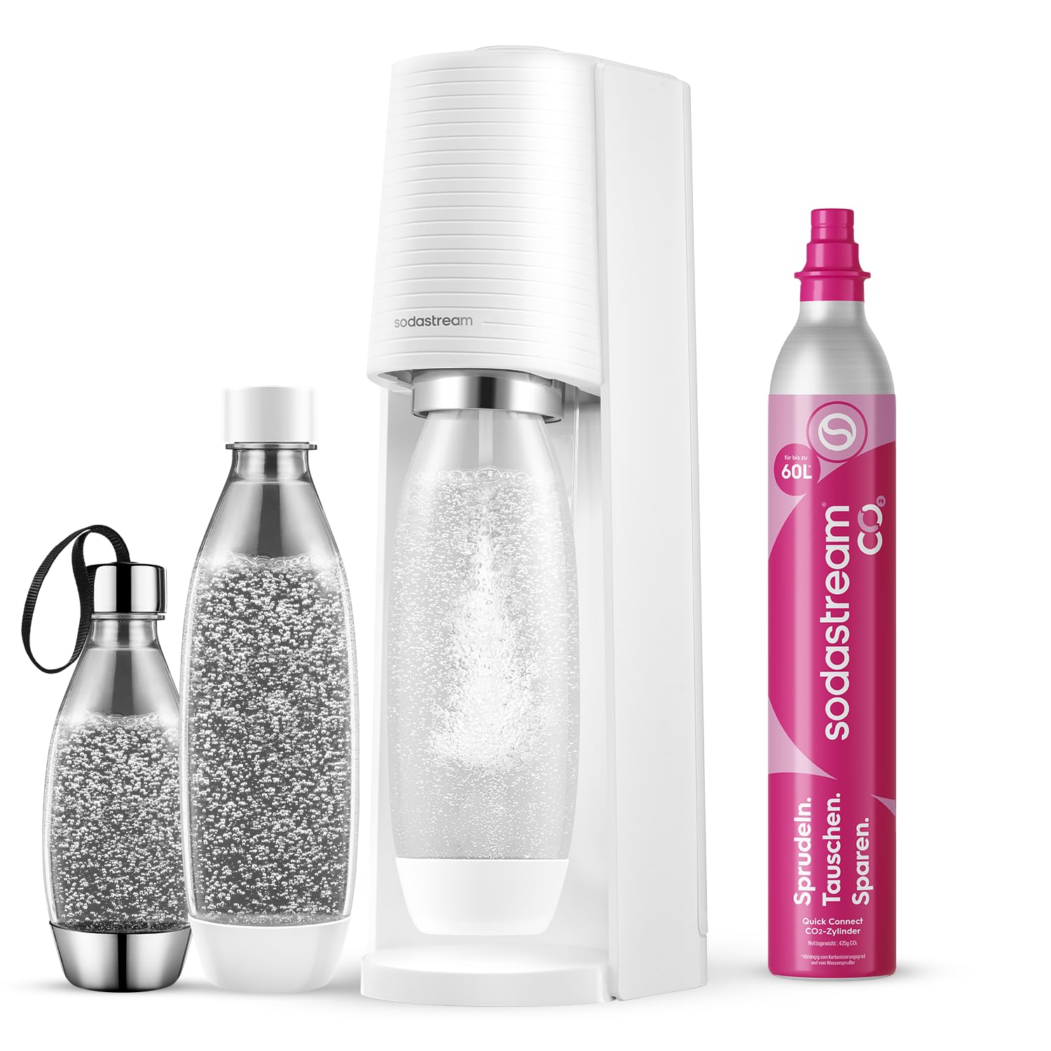 SodaStream TERRA Promopack Water Carbonator with CO2 Cylinder and 3 x 1 L Dishwasher-Safe Plastic Bottles, Height 44 cm, Black