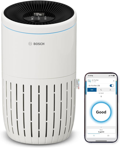 Bosch Air 4000i App-Controlled Air Purifier - For Rooms up to 62.5 m² - Removes Pollutants - With 3-in-1 Air Filter, Smart Sensor, Automatic Mode, Sleep Mode (< 25 dB(A)) - CADR: 300 m³/h