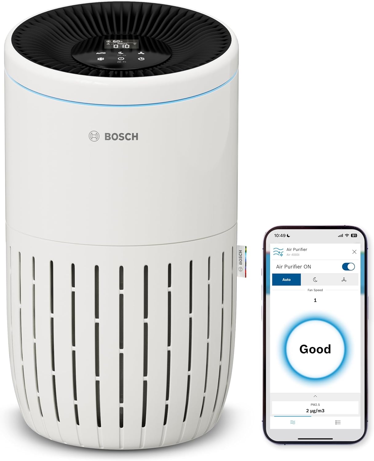 Bosch Air 4000i App-Controlled Air Purifier - For Rooms up to 62.5 m² - Removes Pollutants - With 3-in-1 Air Filter, Smart Sensor, Automatic Mode, Sleep Mode (< 25 dB(A)) - CADR: 300 m³/h