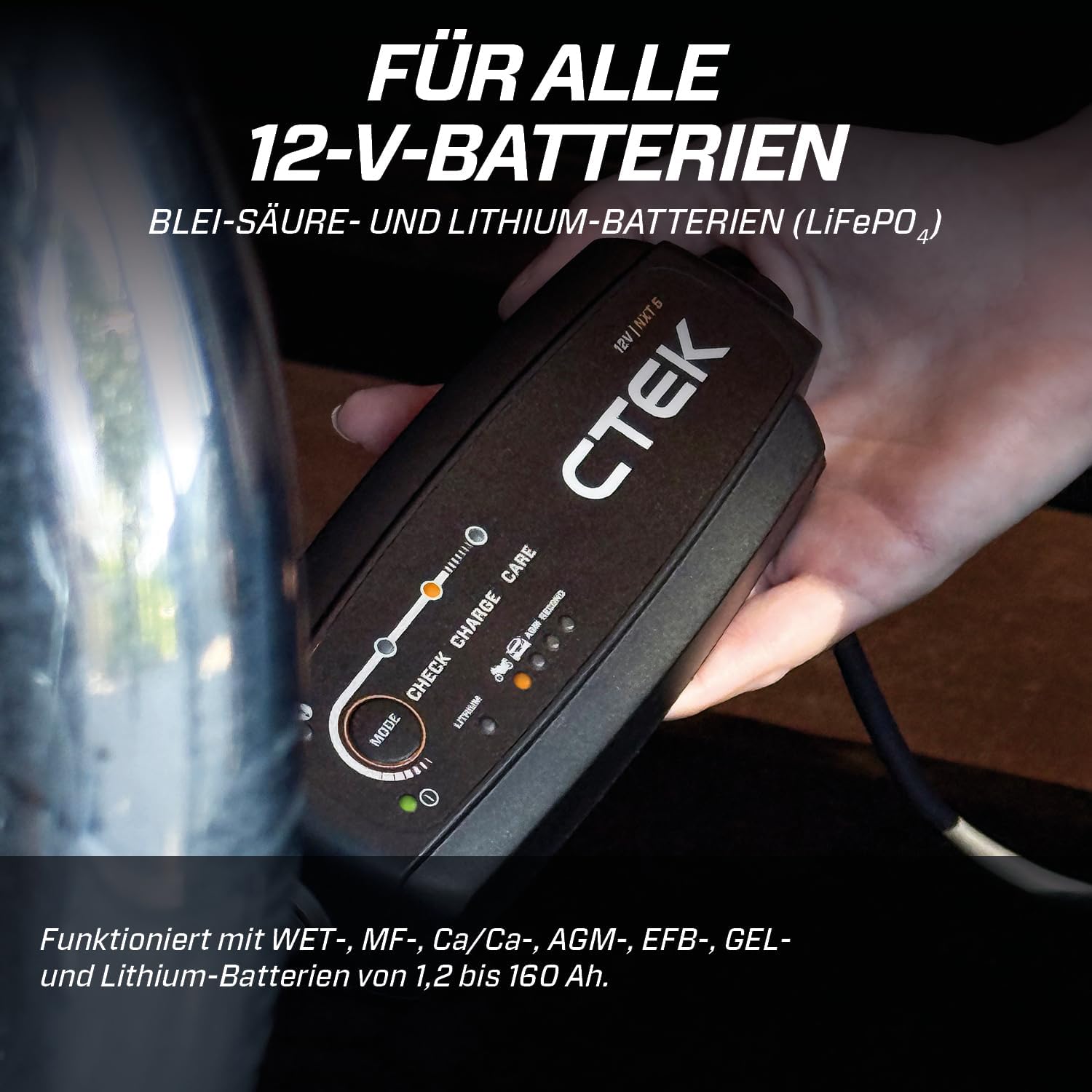 CTEK NXT 5 Smart Battery Charger 12V 5A Compatible with Lead Acid and Lithium Batteries, Reconditioning Mode, AGM Optimization, Temperature Compensation, Convenient Battery Maintenance Device