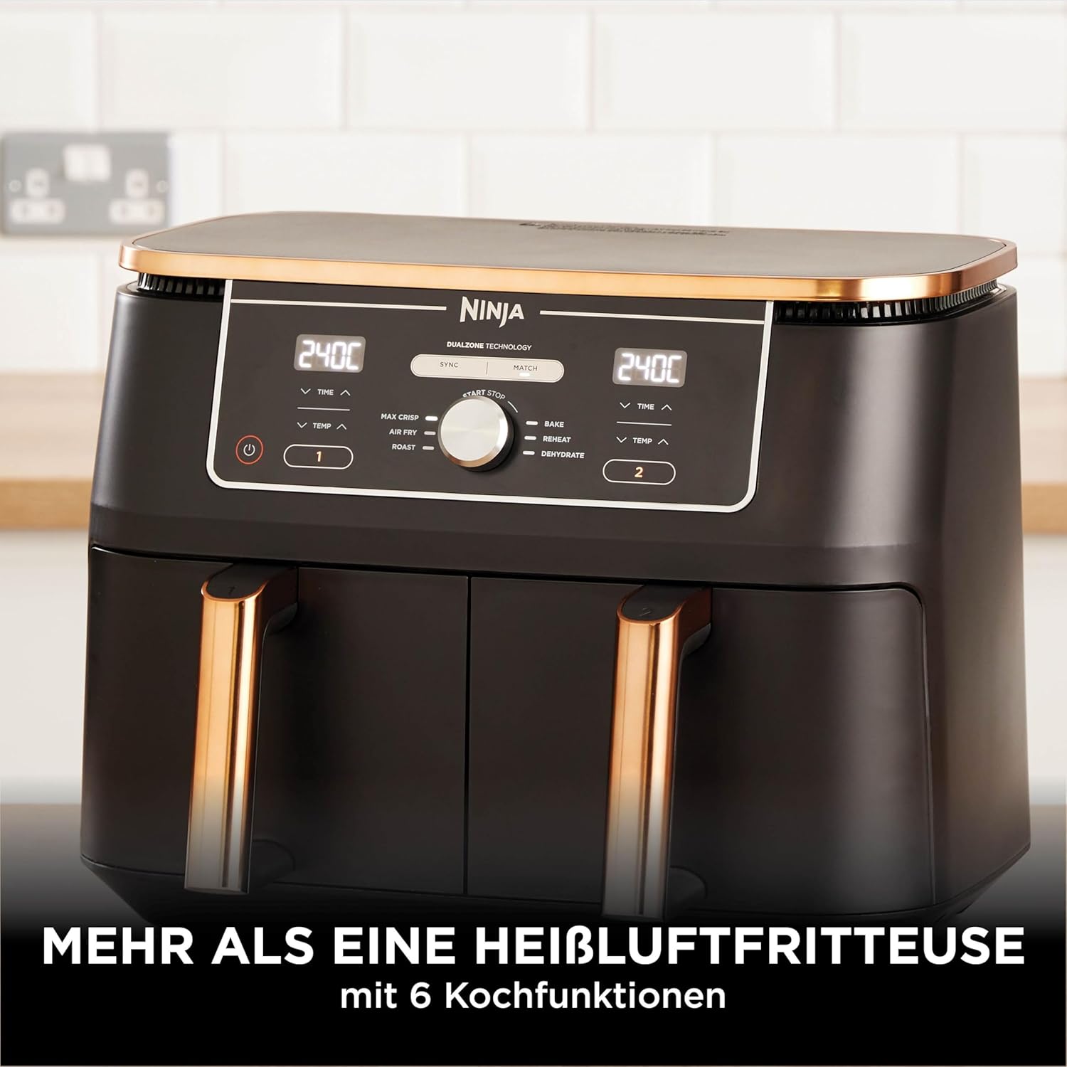 Ninja Foodi MAX Dual Zone Hot Air Fryer [AF400EUCP] Amazon Exclusive, ‎2470 Watt, 9.5 L, 2 Hot Air Fryer Compartments, 6 Functions, 27 x 41.5 x 32.5 cm, Copper/Black