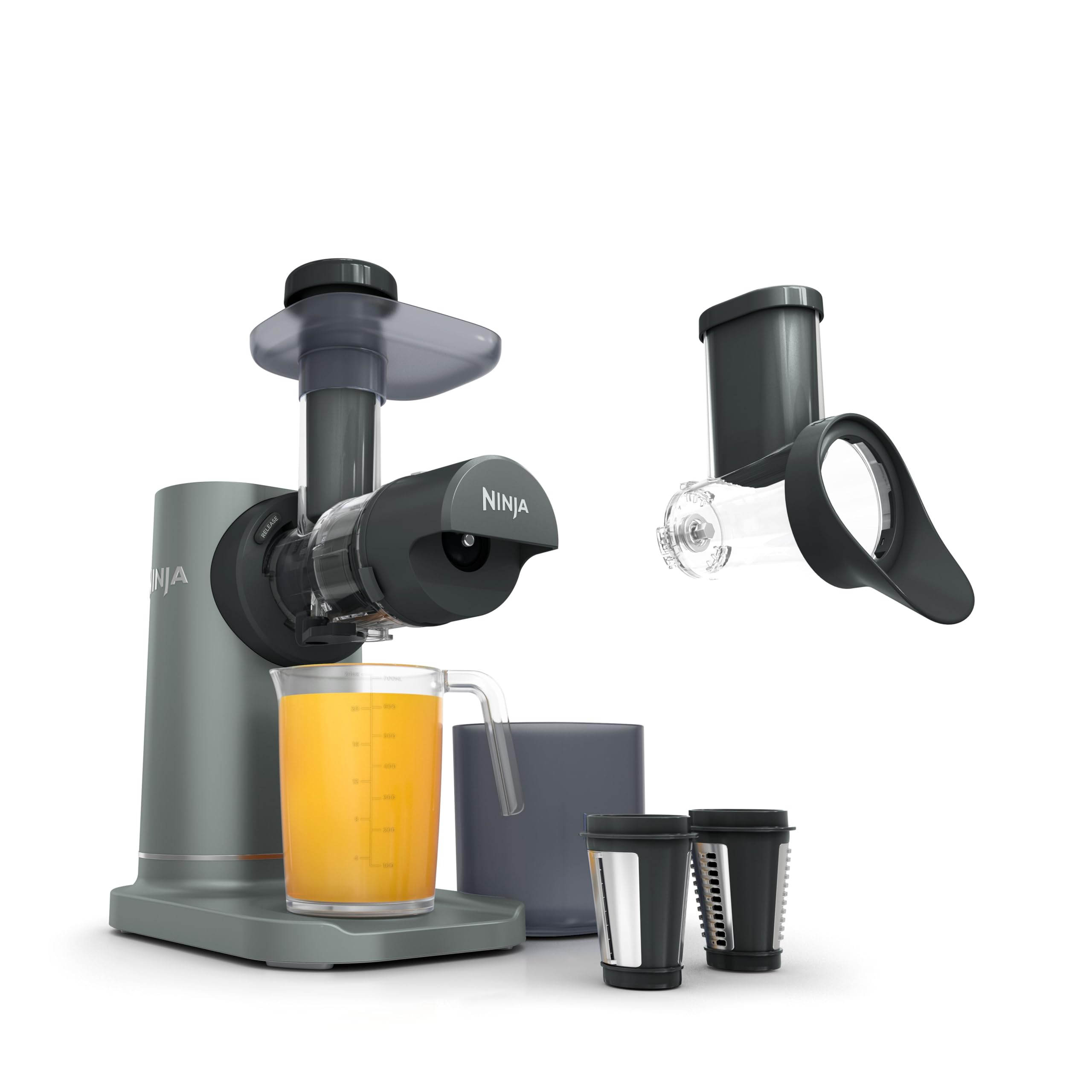 Ninja Cold Press Juicer Vegetable and Fruit with 700ml Cup & 1.1L Pulp Container, for Fresh Juices, Drinks & Wellness Shots, Compact, Dishwasher Safe & Removable Parts, Grey JC151EU