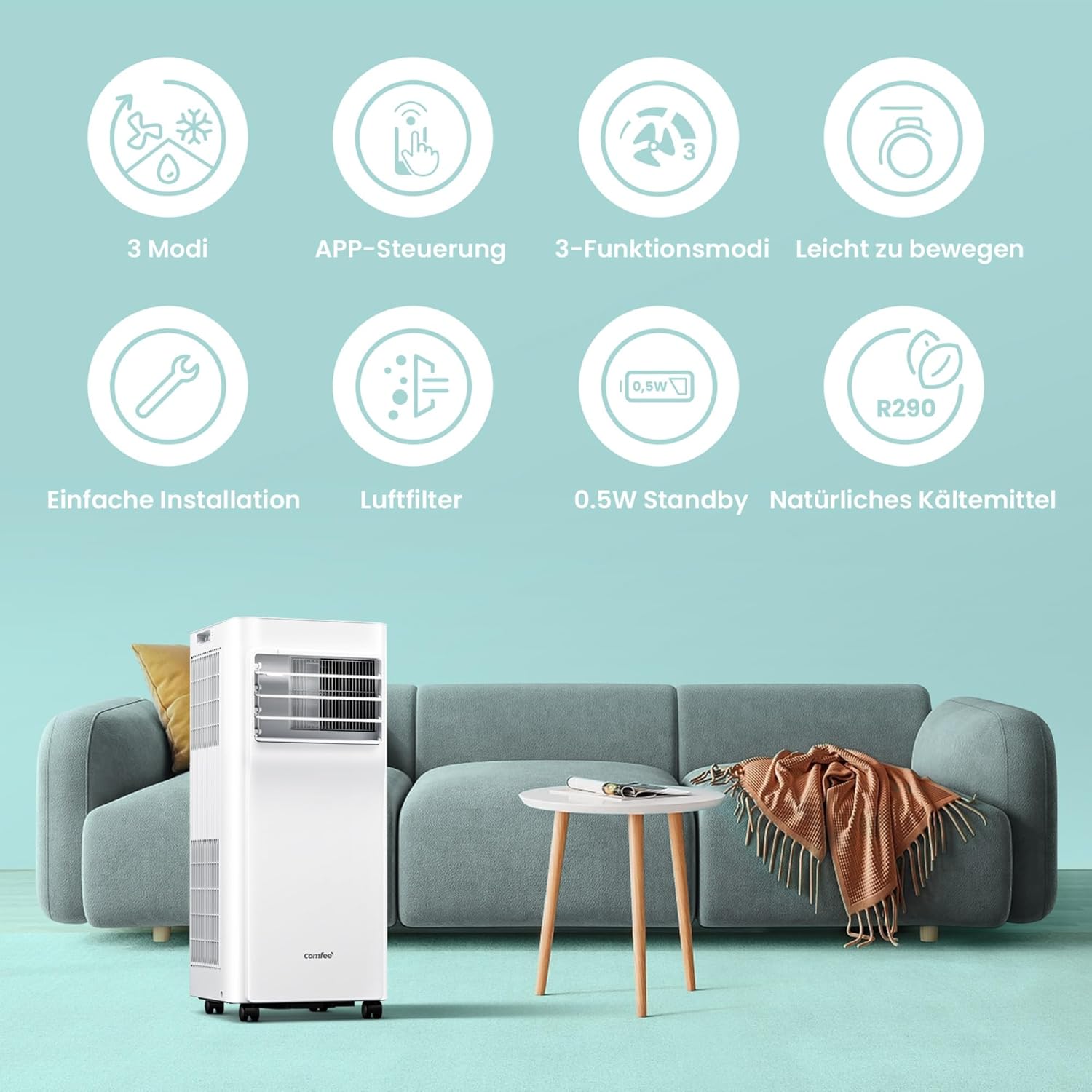 Comfee Breezy Cool Pro 2.6 Mobile Air Conditioner, 9,000 BTU, 2.6 kW, Cooling, Ventilating & Dehumidifying, App Control, Room Size up to 88 m³ (33 m²), with Exhaust Hose