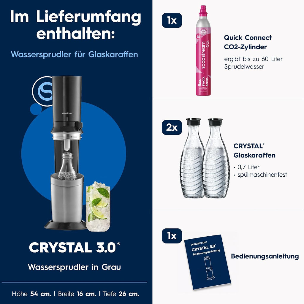 SodaStream Crystal 3.0 Wassersprudler mit 1x Quick-Connect CO2-Zylinder und 2X Glaskaraffen, Silber, Schwarz, Titan, 45 cm