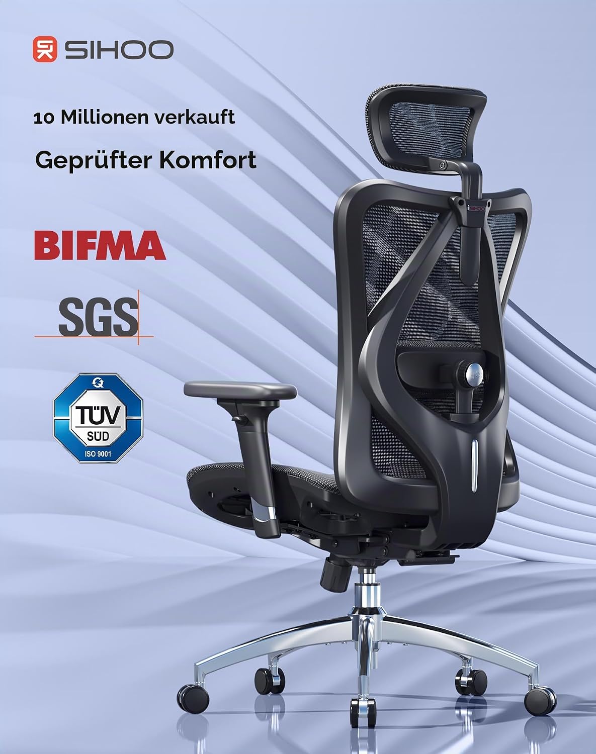 SIHOO Ergonomic Desk Chair, Swivel Chair with Adjustable Lumbar Support, Headrest and Armrest, Height Adjustment and Rocker Function, Back-Friendly, Office Chair Load Capacity: up to 150 kg (330 lbs)